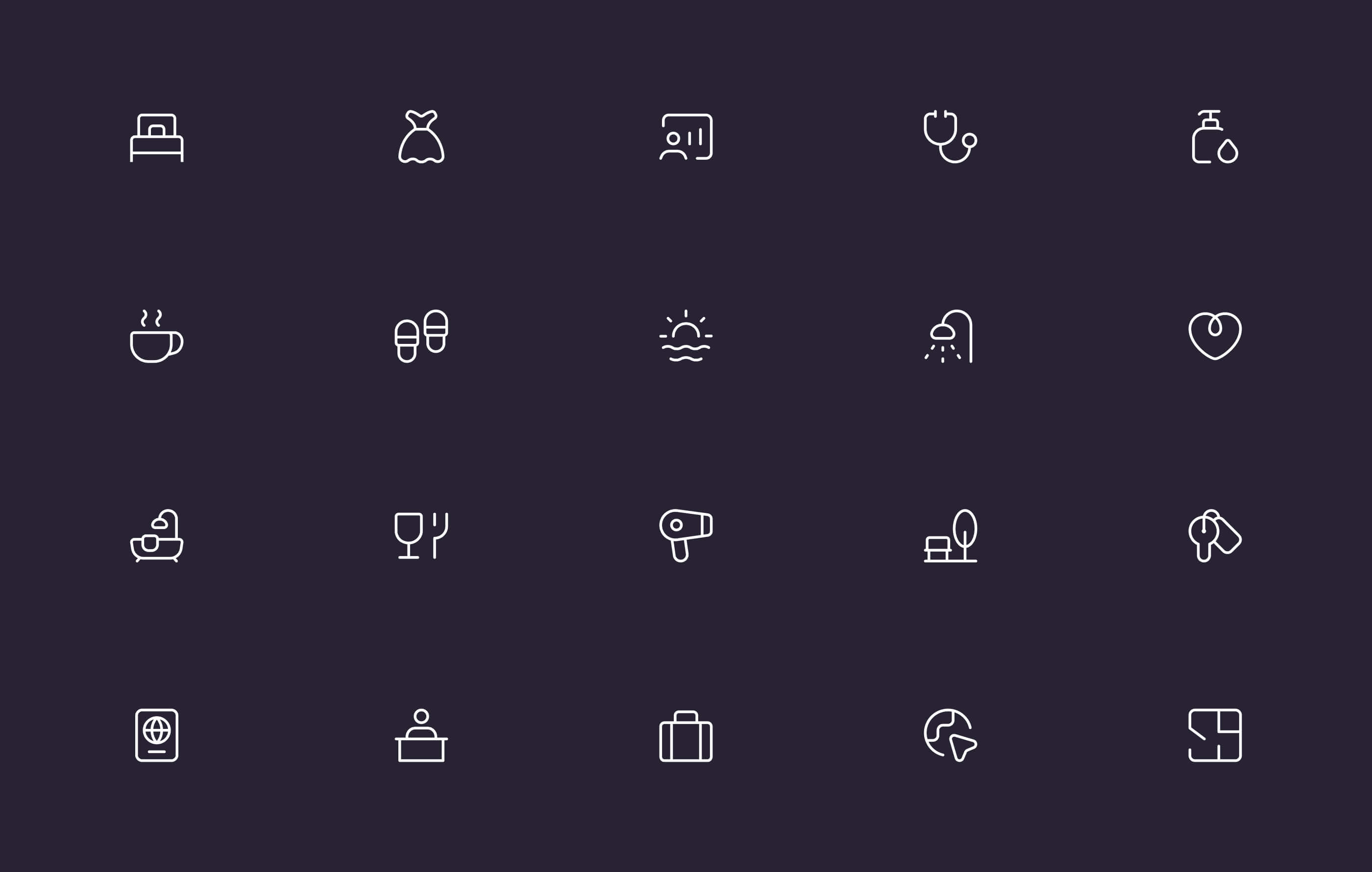 Suite of new Choice Hotels iconography, in white, laid out in a 5 x 4 grid on a dark background