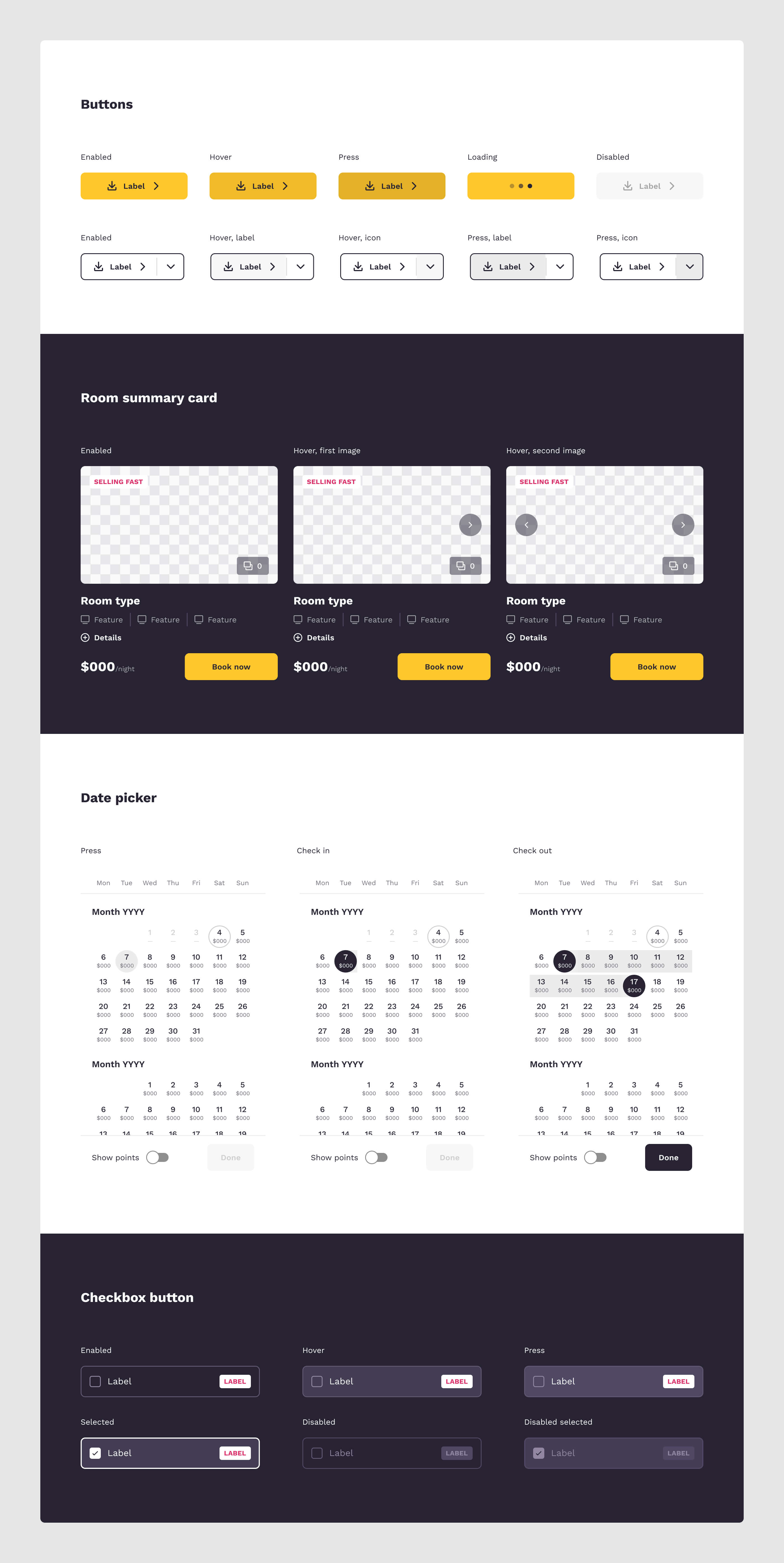 Overview of various Design System components used in the design of the site, including button states, cards, date picker, and checkbox button states