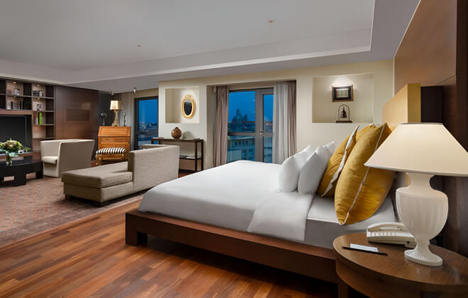 Photo of a hotel's Royal Suite, that features a large living area separate from the bedroom for ultimate comfort and privacy