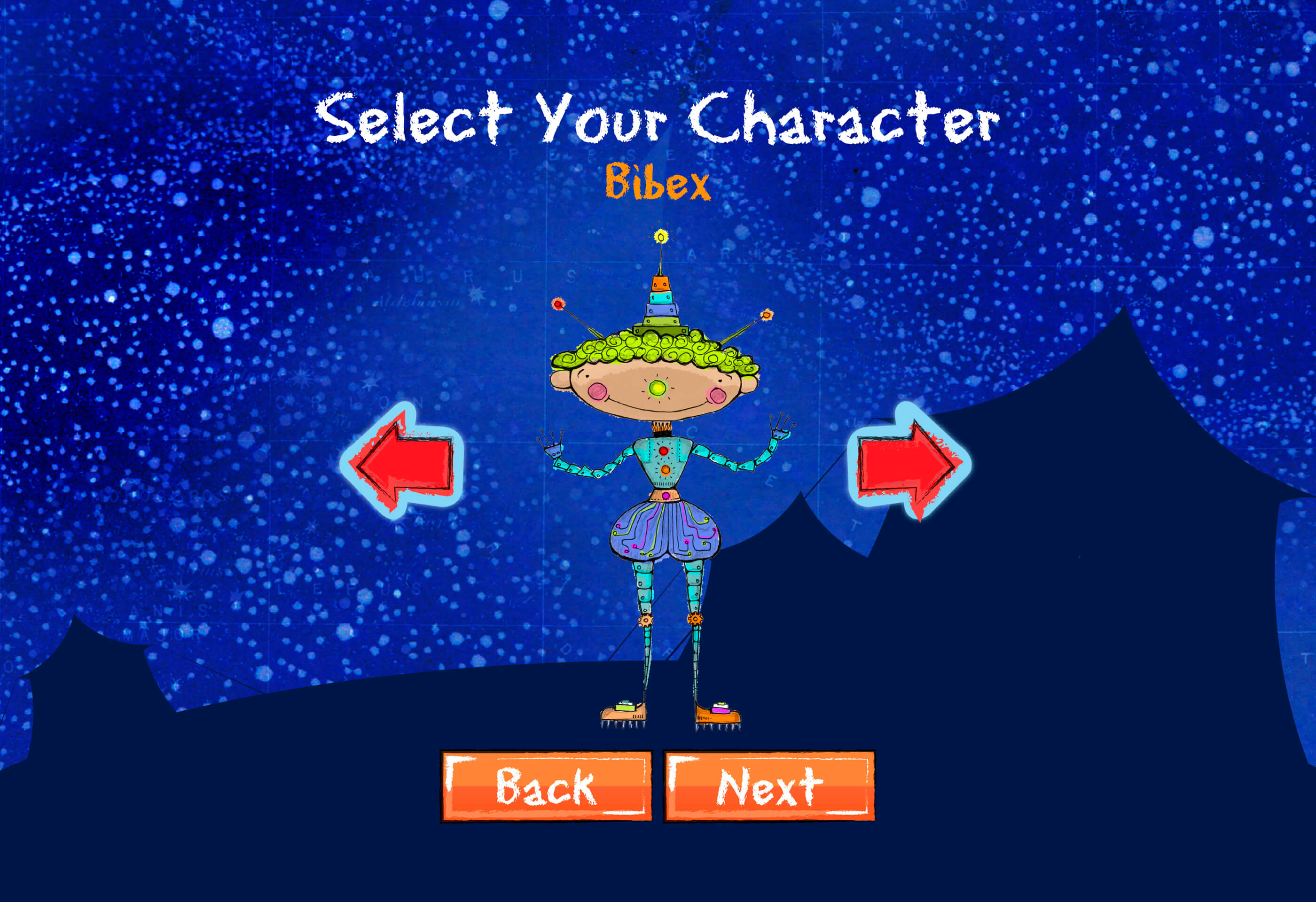 'Select your character' screen within the game, featuring Bibex, an alien with green curly hair and baby blue tights