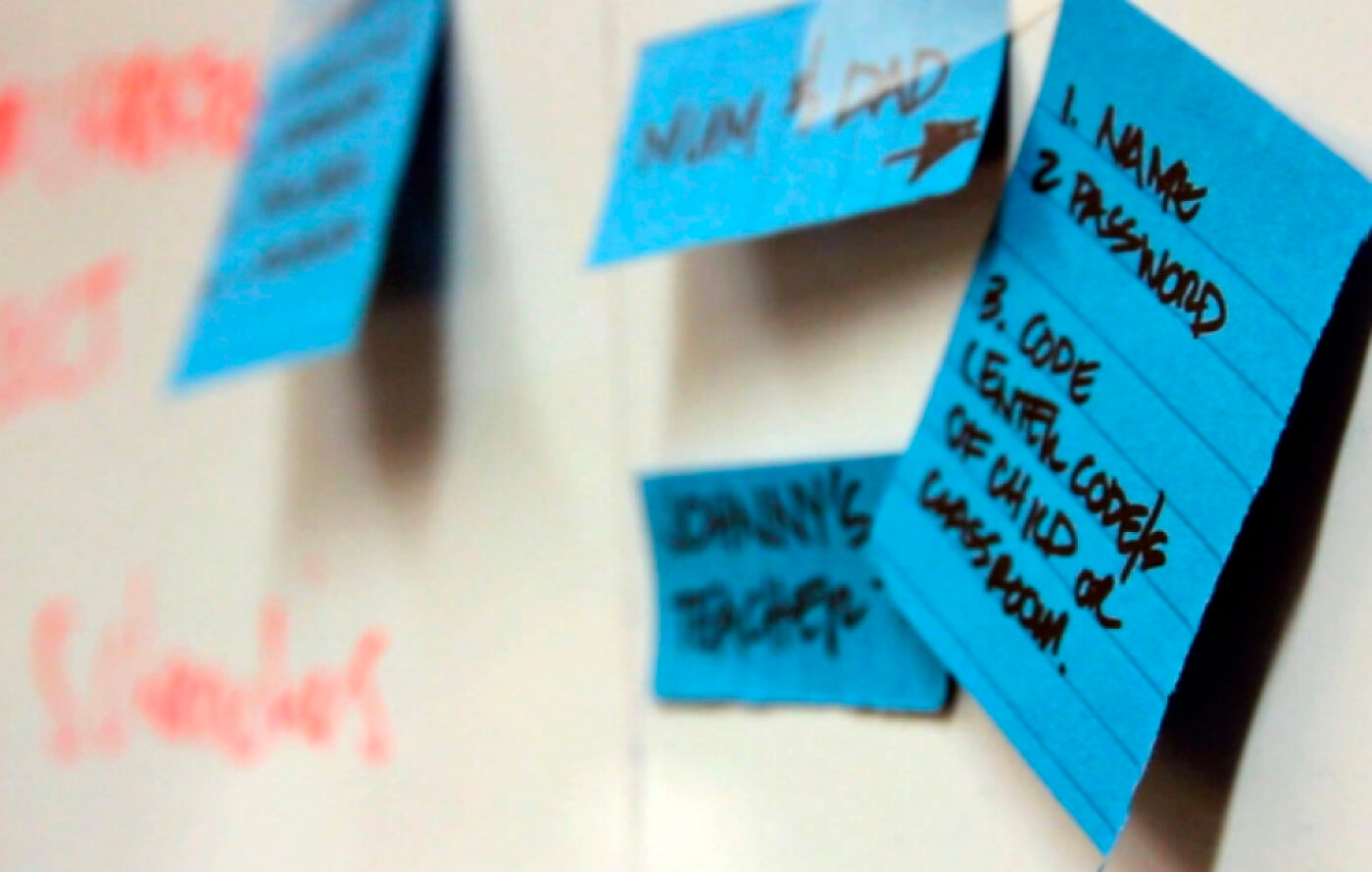 Blue post-it notes stuck to a whiteboard, of scribbles and annotations written during the planning phase of the project