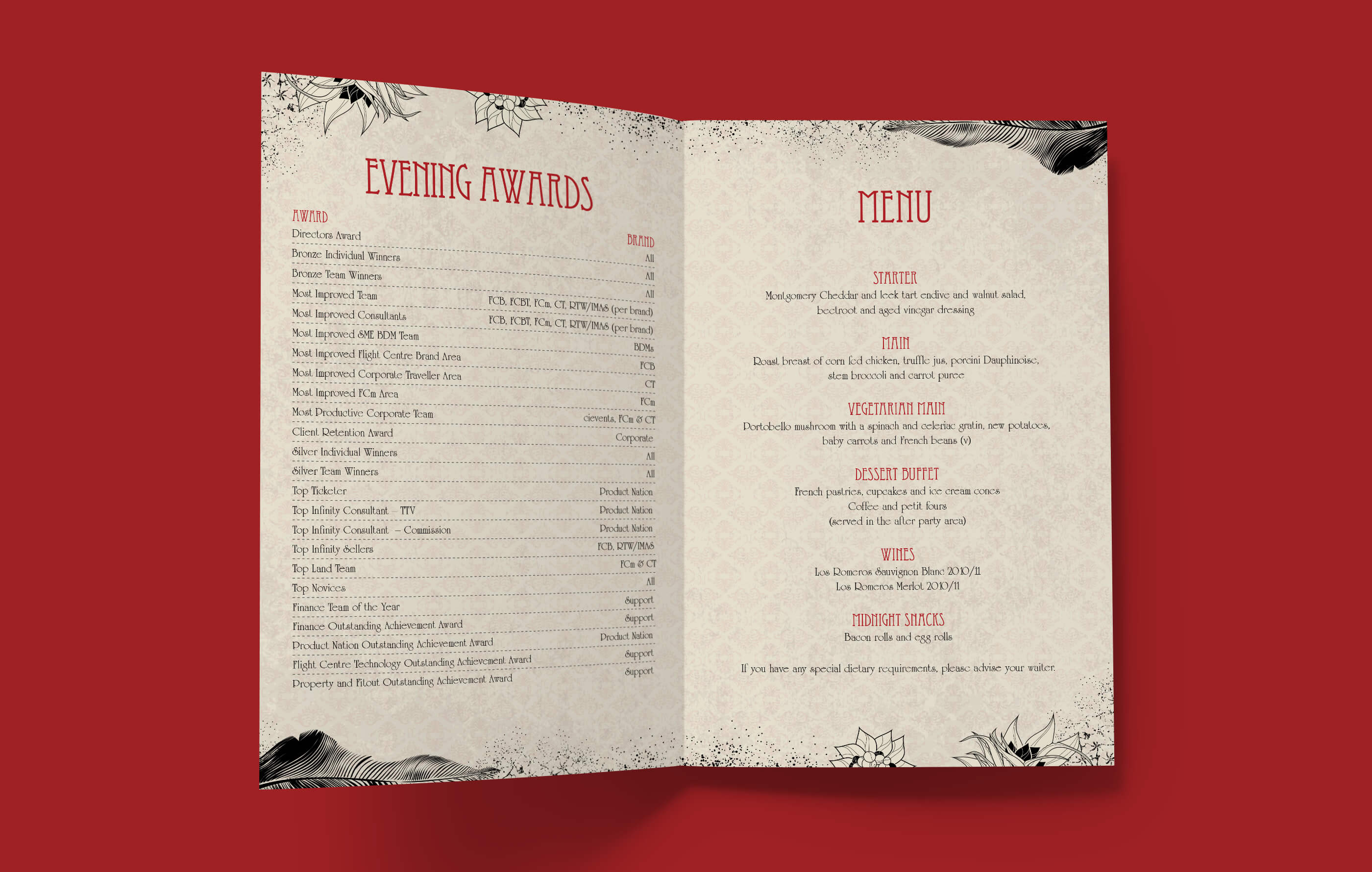 Inside spread of a table card on a red background, featuring the list of awards on the left page and evening food and drinks menu on the right page