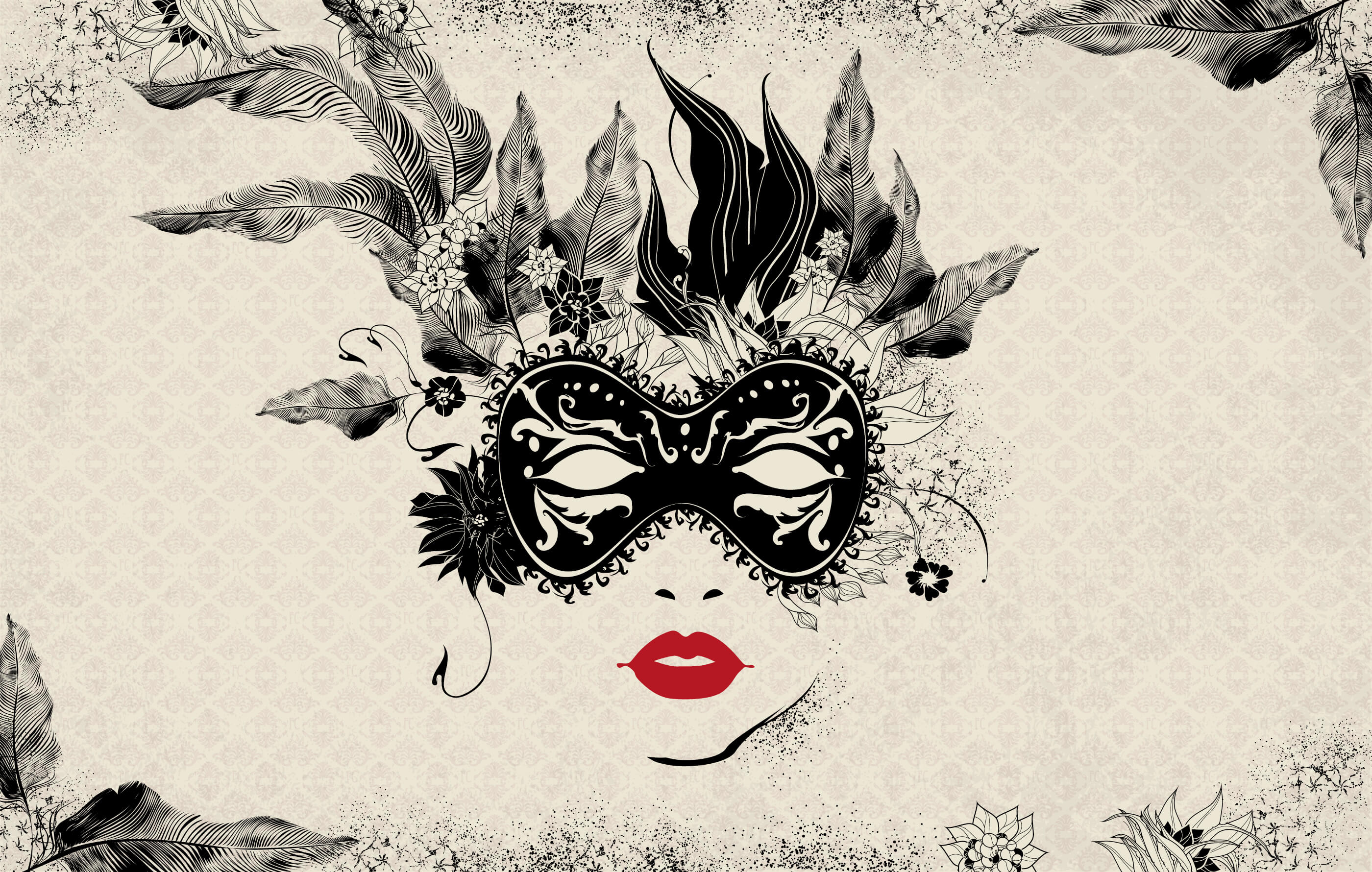 Hand drawn illustration of a masked female face on a beige patterned background, all in black ink apart from her deep red lips