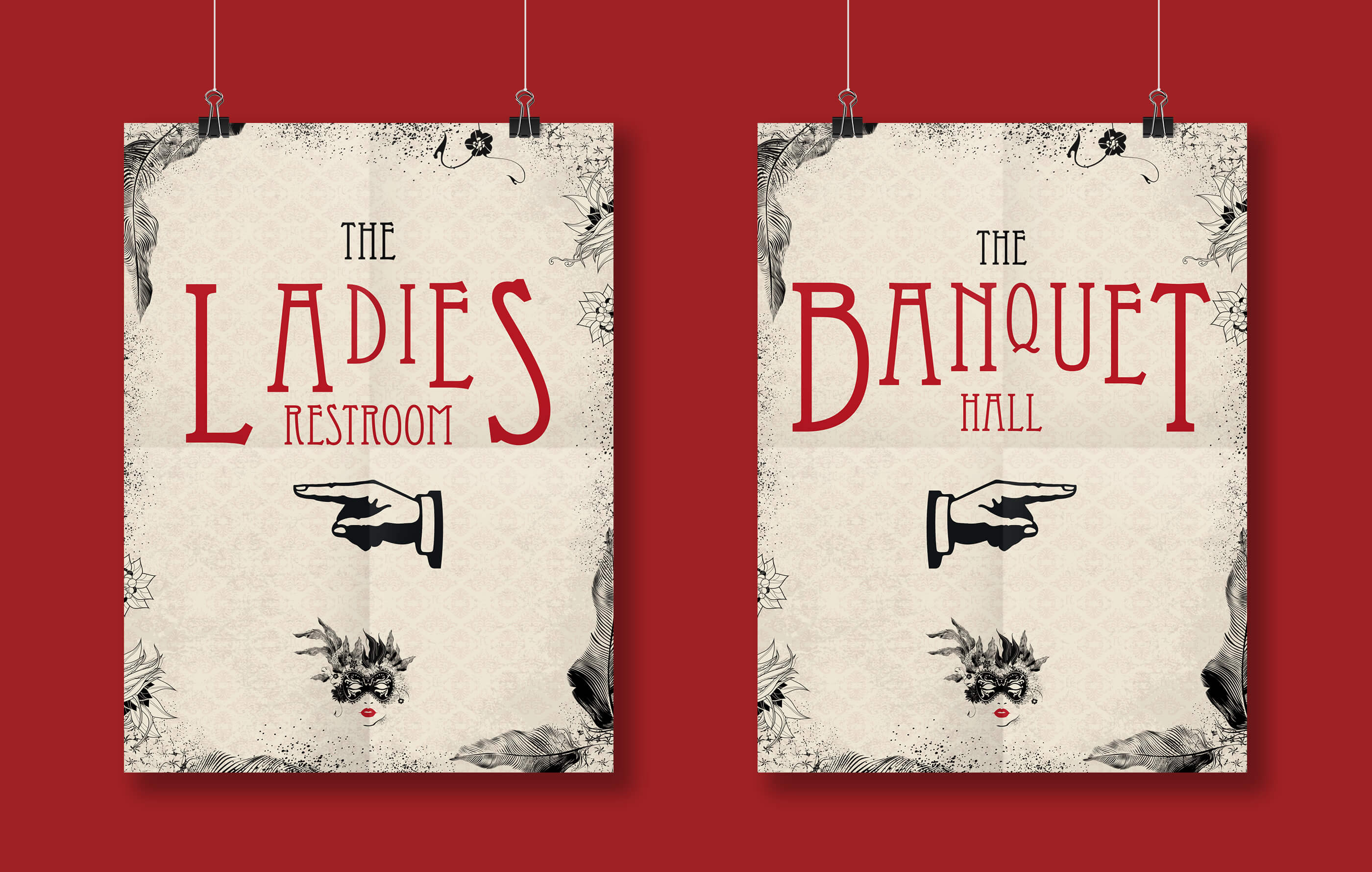 Two hanging poster desings on a red background, directing guests to the ladies restroom on the left and banquet hall on the right