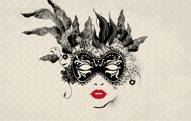 Hand drawn illustration of a masked female face on a beige patterned background, all in black ink apart from her deep red lips