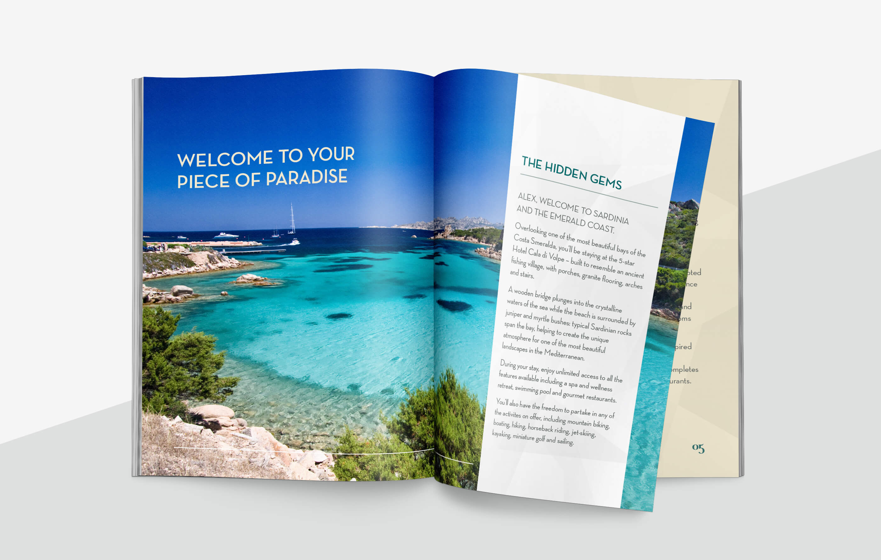 Opening spread of a winner's welcome booklet, featuring a double page image of turquoise water in a sandy bay and white sailing boats in the distance