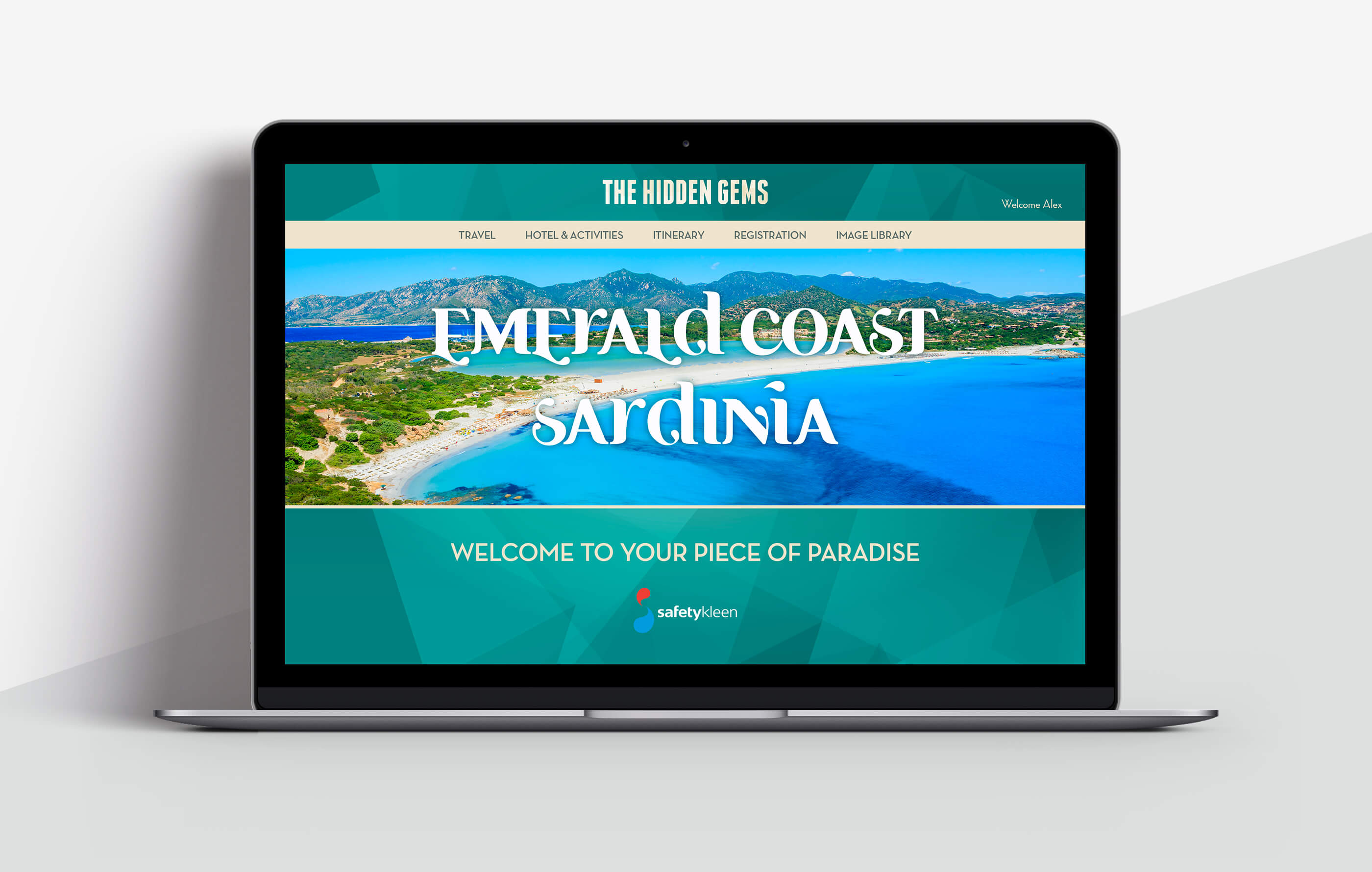 Homepage design of the Safetykleen incentive programme website, featuring a full viewport image of the Emerald Coast and welcoming users to their 'piece of paradise'