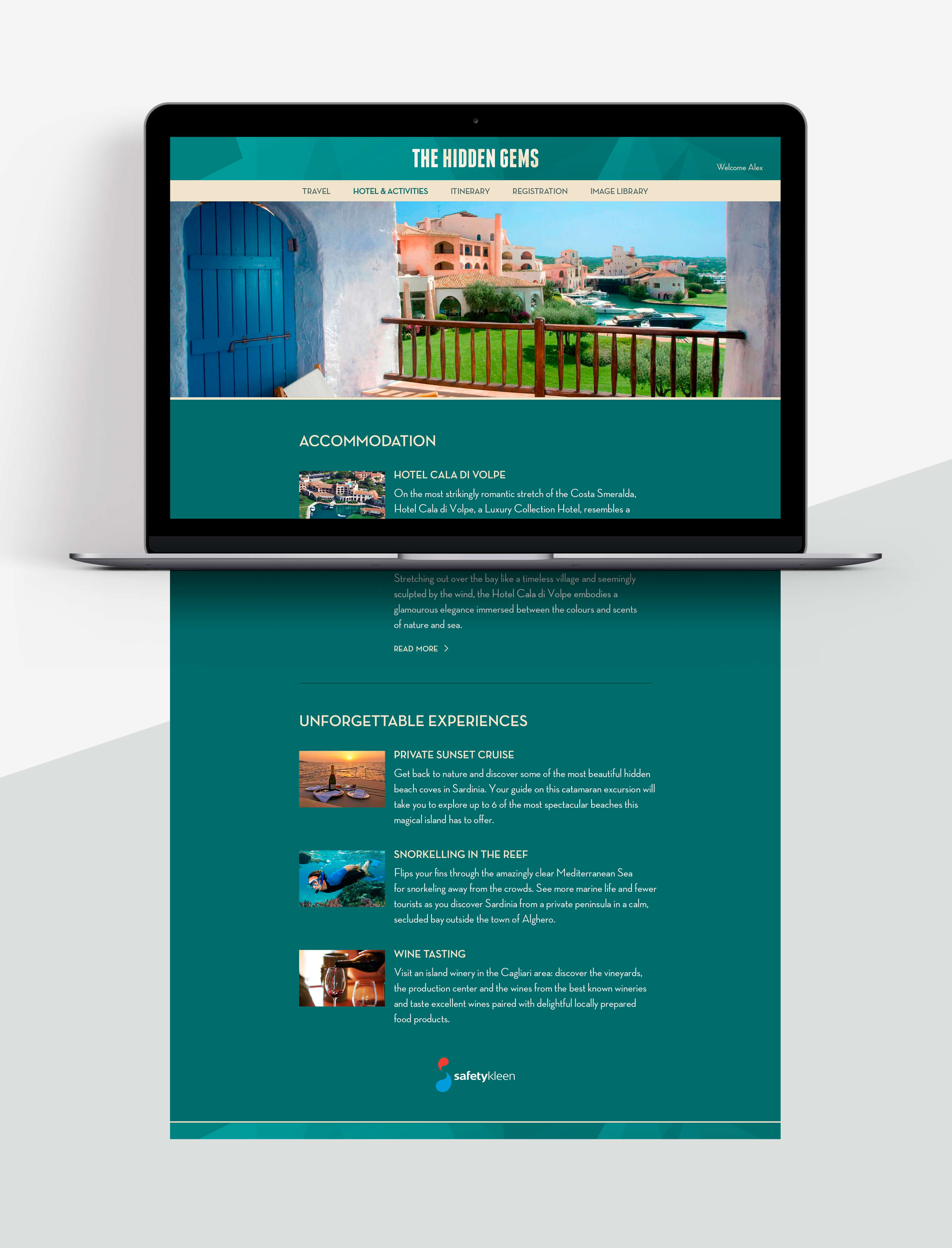 Full webpage design of the 'Hotels and Activities' section of the website, with details and images of the accommodation and experiences guests will enjoy set against a dark green background