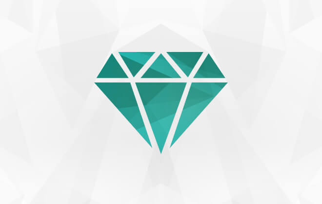 Simple vector shape of a diamond, coloured emerald green and split into triangles on a geometric light sand background