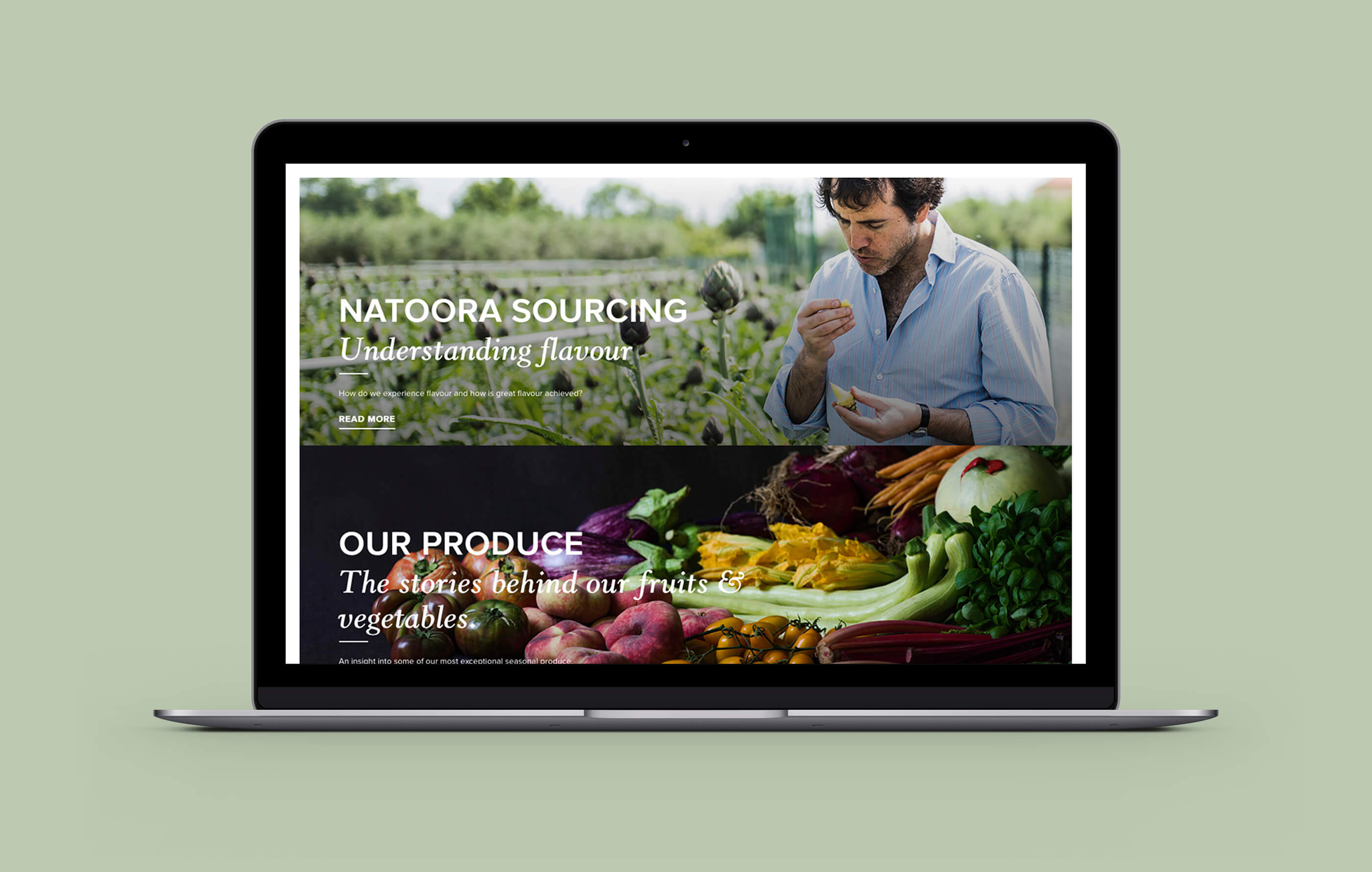 'Natoora Sourcing' and Our Produce' website banners, on a pastel green background