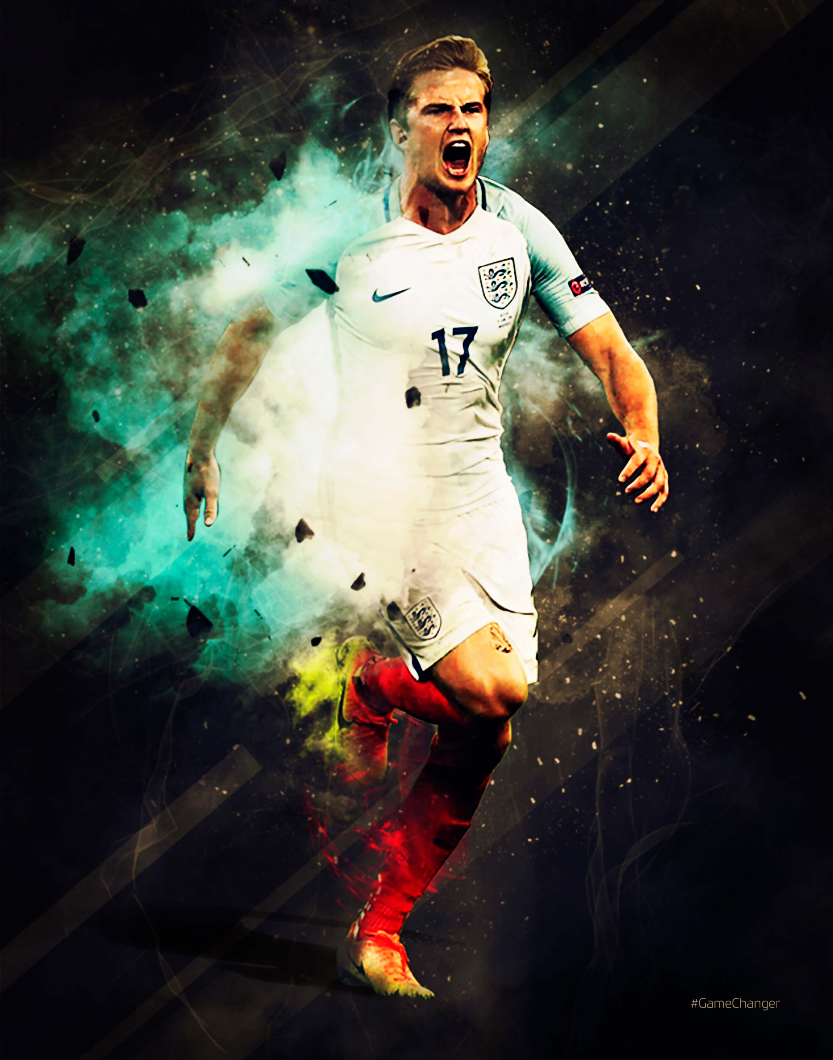 Eric Dier celebrating in a white England kit during the World Cup with red socks and yellow Nike boots