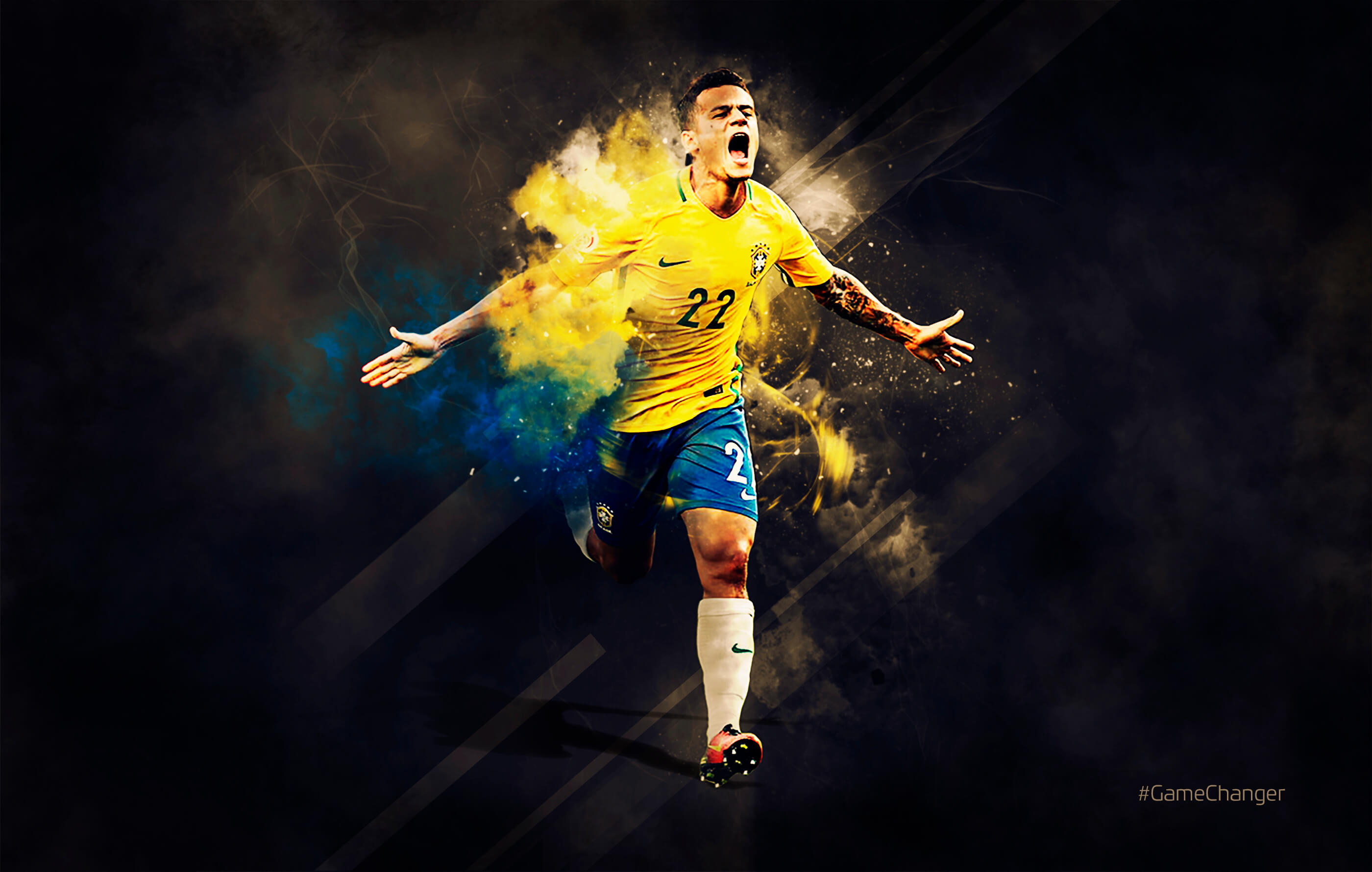Brazilian professional footballer Philippe Coutinho wearing a yellow football shirt with number 22 on it and blue shorts