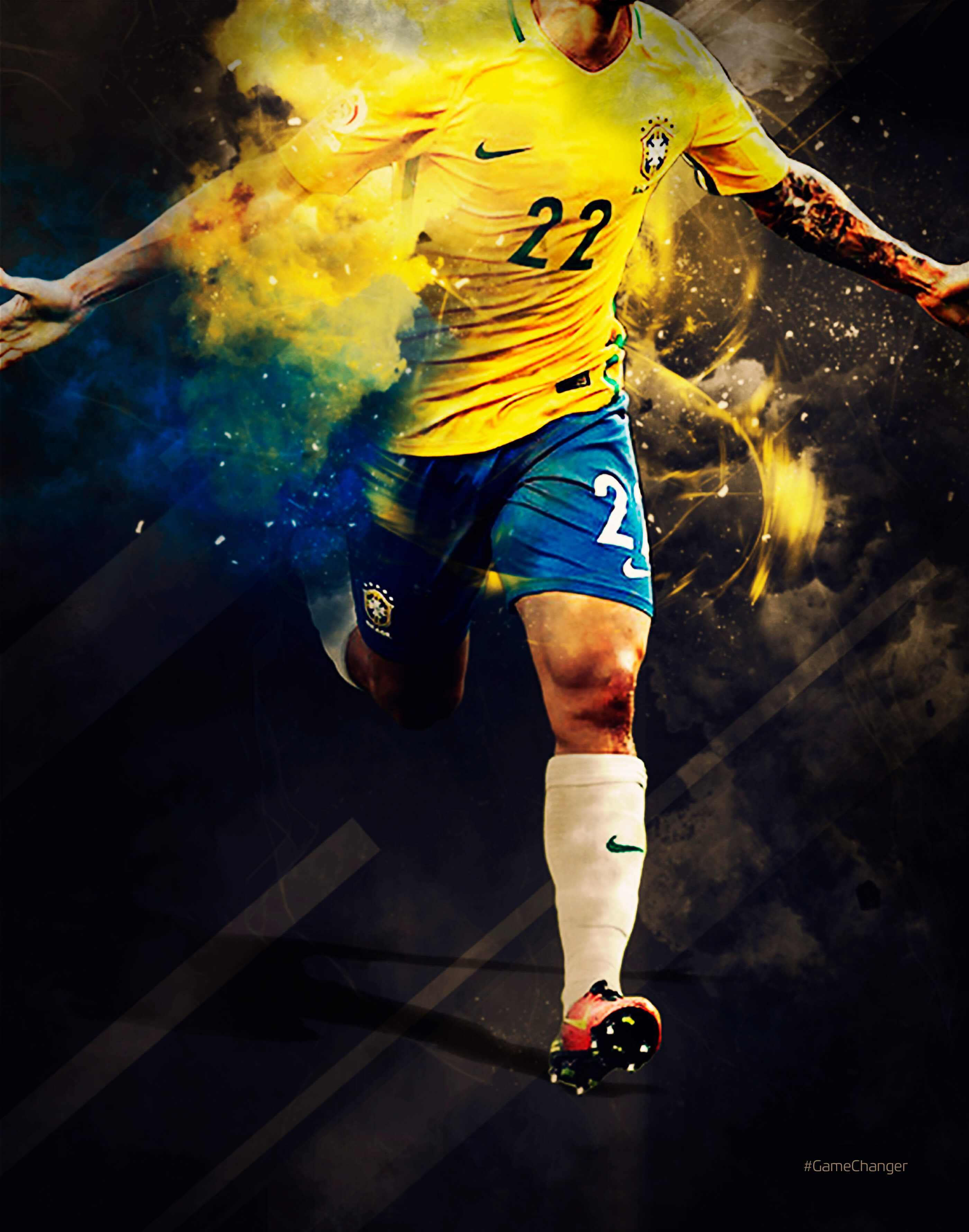 Philippe Coutinho celebrating in a yellow and blue Brasil kit during the World Cup with white socks and red Nike boots