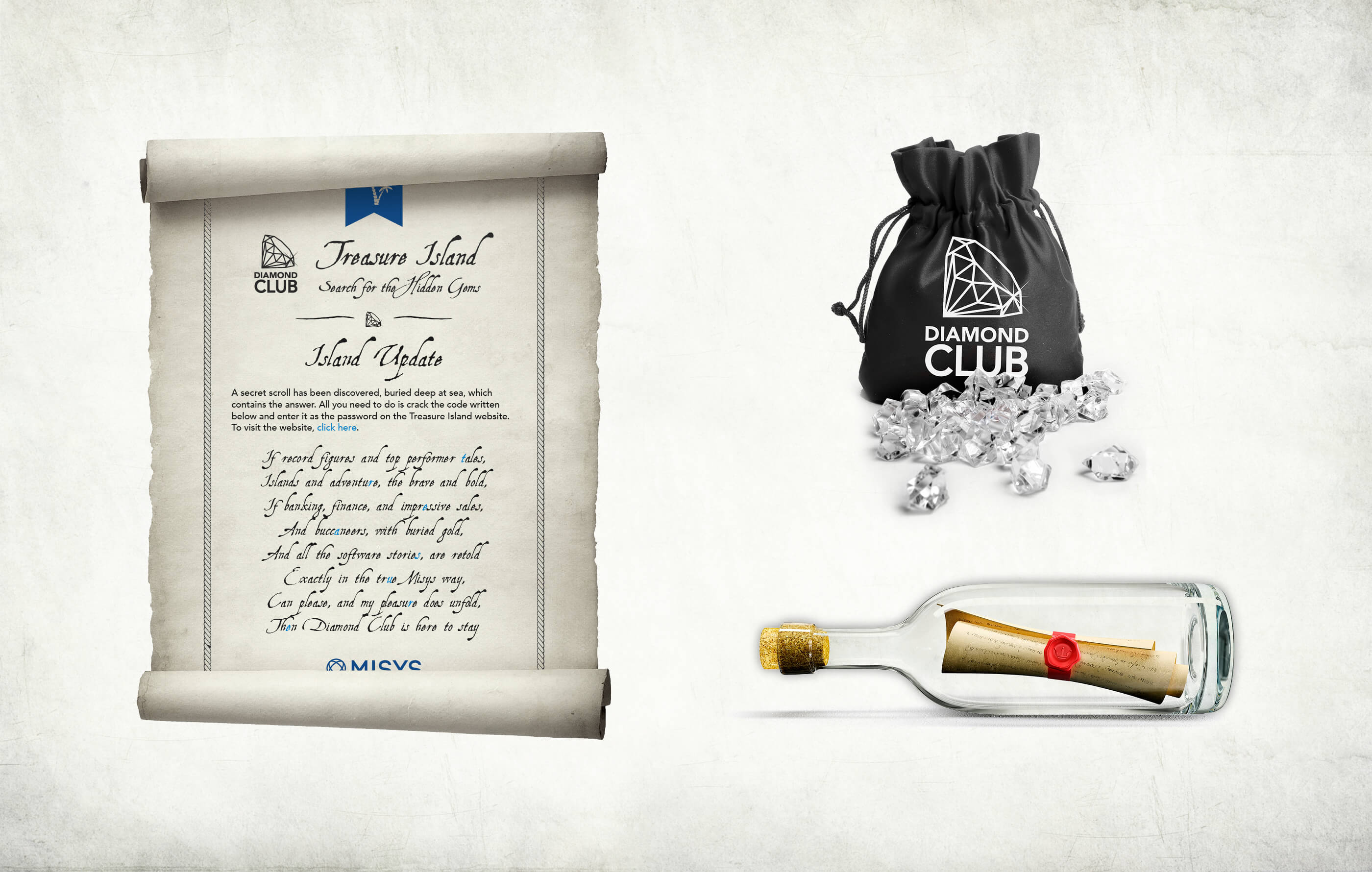 Three teaser items from the incentive on a vintage, weathered background including scroll-shaped emailer, bag of diamonds and message in a bottle