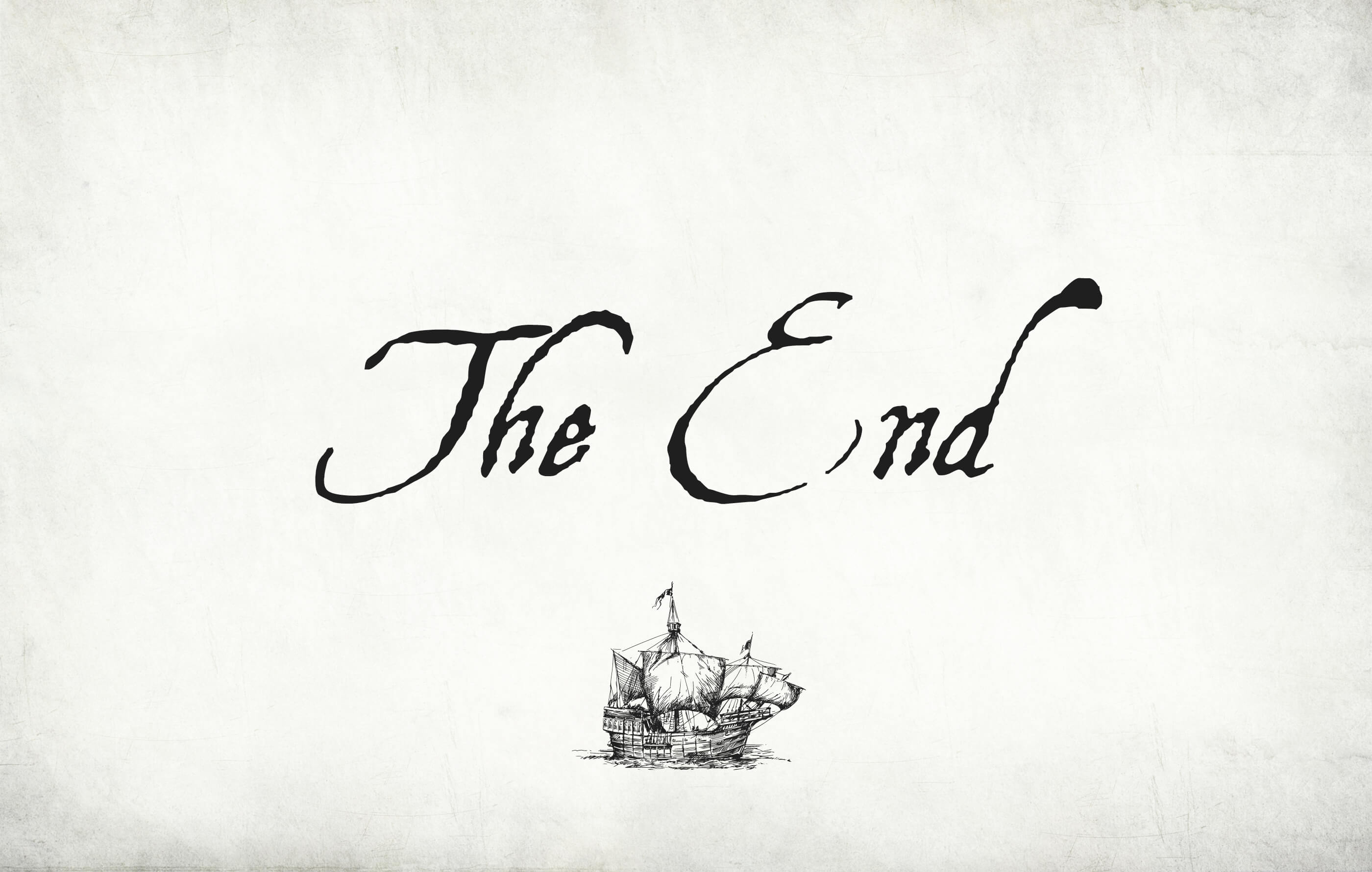 'The End' wording, centred on the page and written in a black, script font on a vintage, weathered background