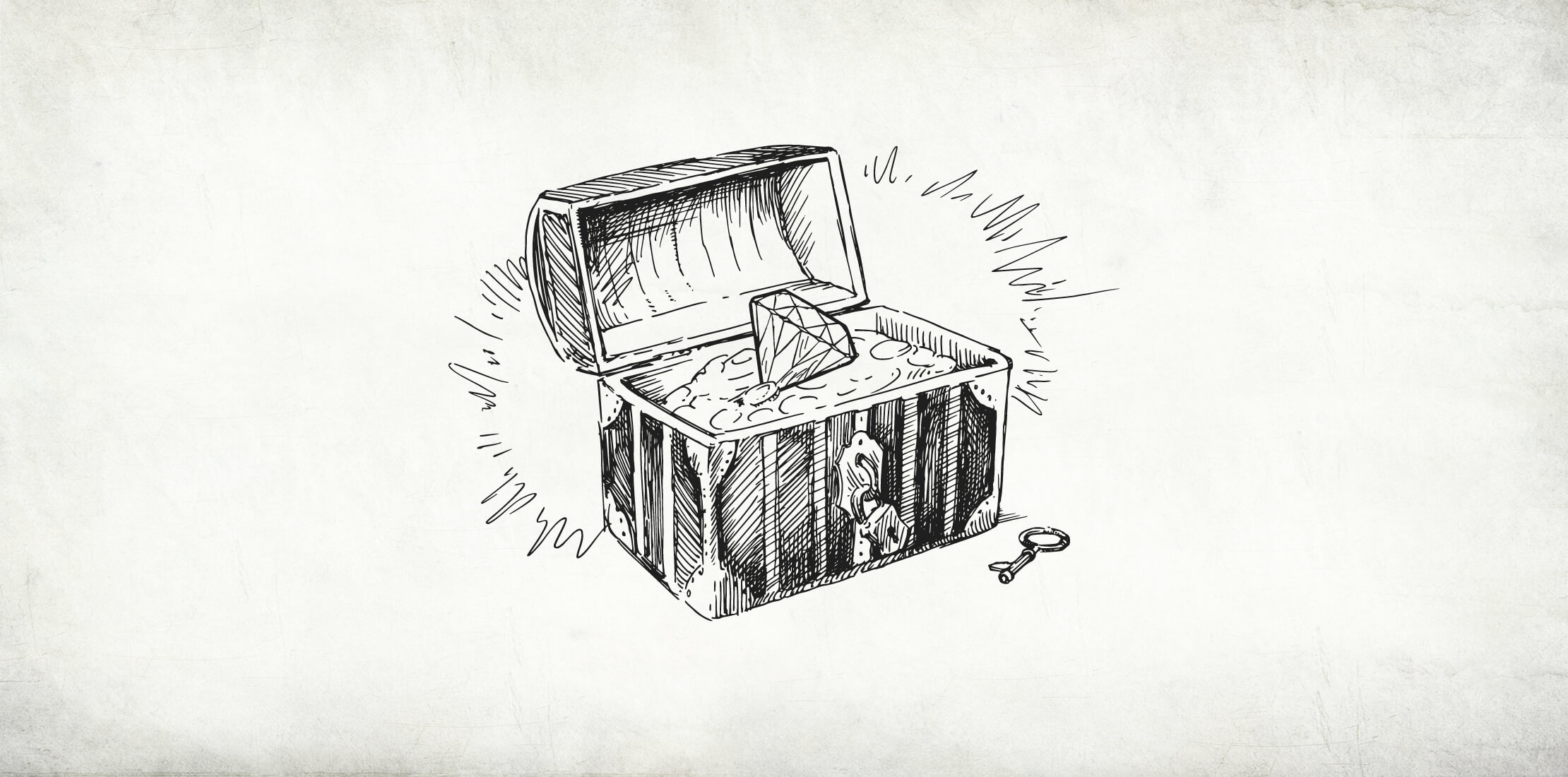 Rough hand-drawn illustration of an old wooden chest, lid open, full of sand and a huge diamond on a vintage, weathered background