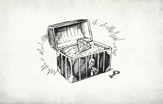 Rough hand-drawn illustration of an old wooden chest, lid open, full of sand and a huge diamond on a vintage, weathered background