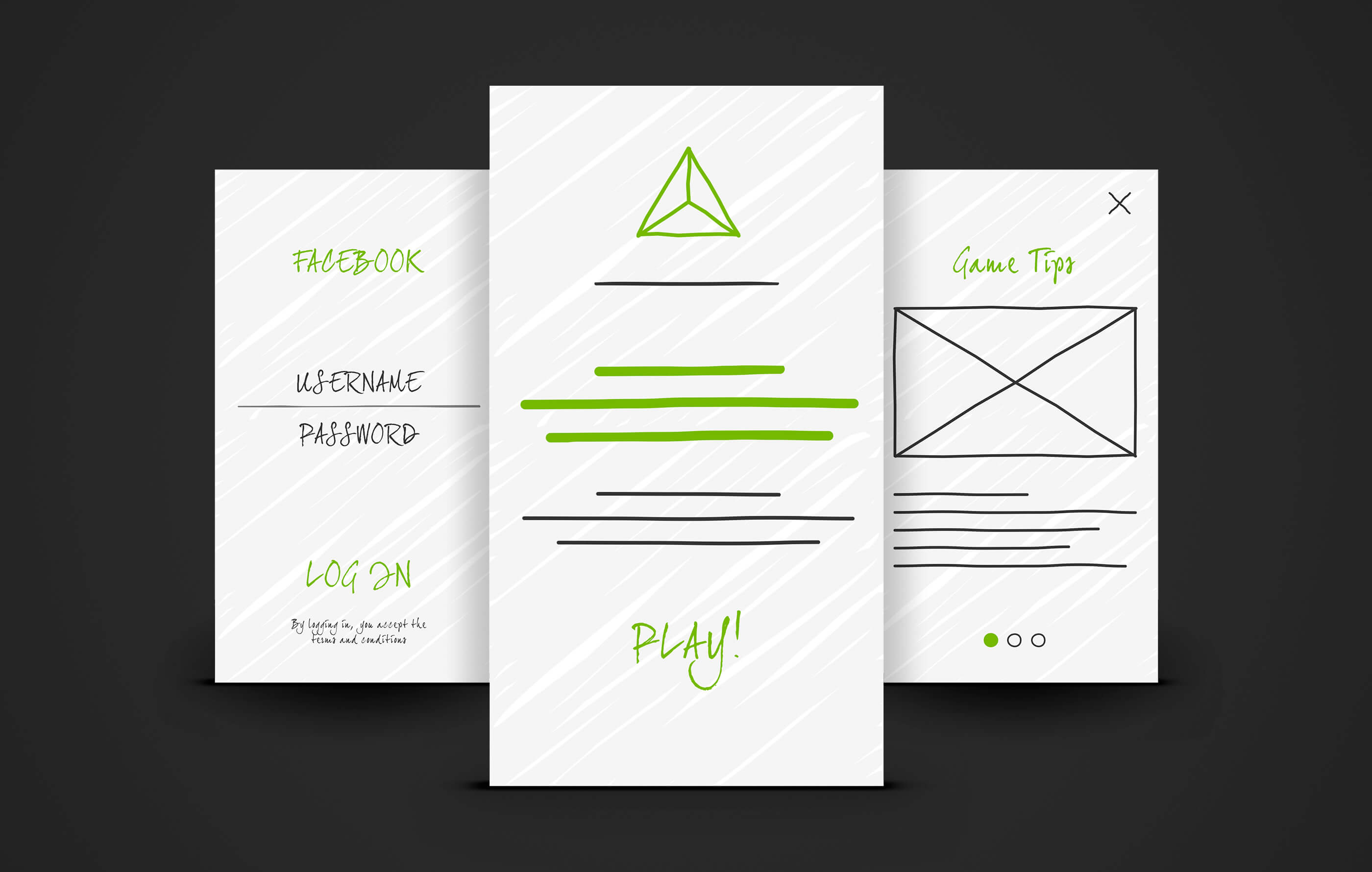 Three mobile app wirefame designs on a dark background, with a focus on UX user experience