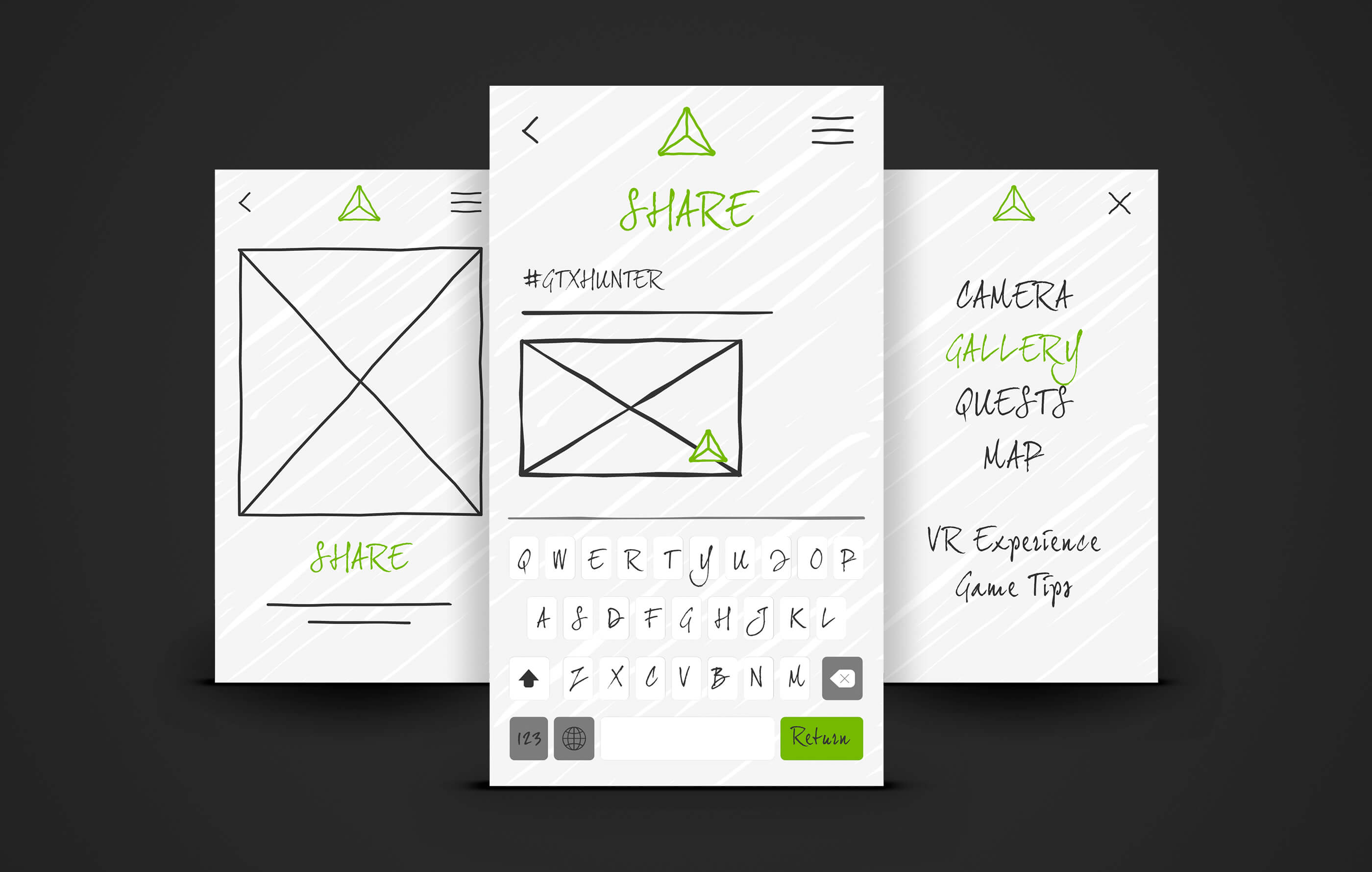 Mobile UX wireframes, exploring the 'snap and share' user journey within the app