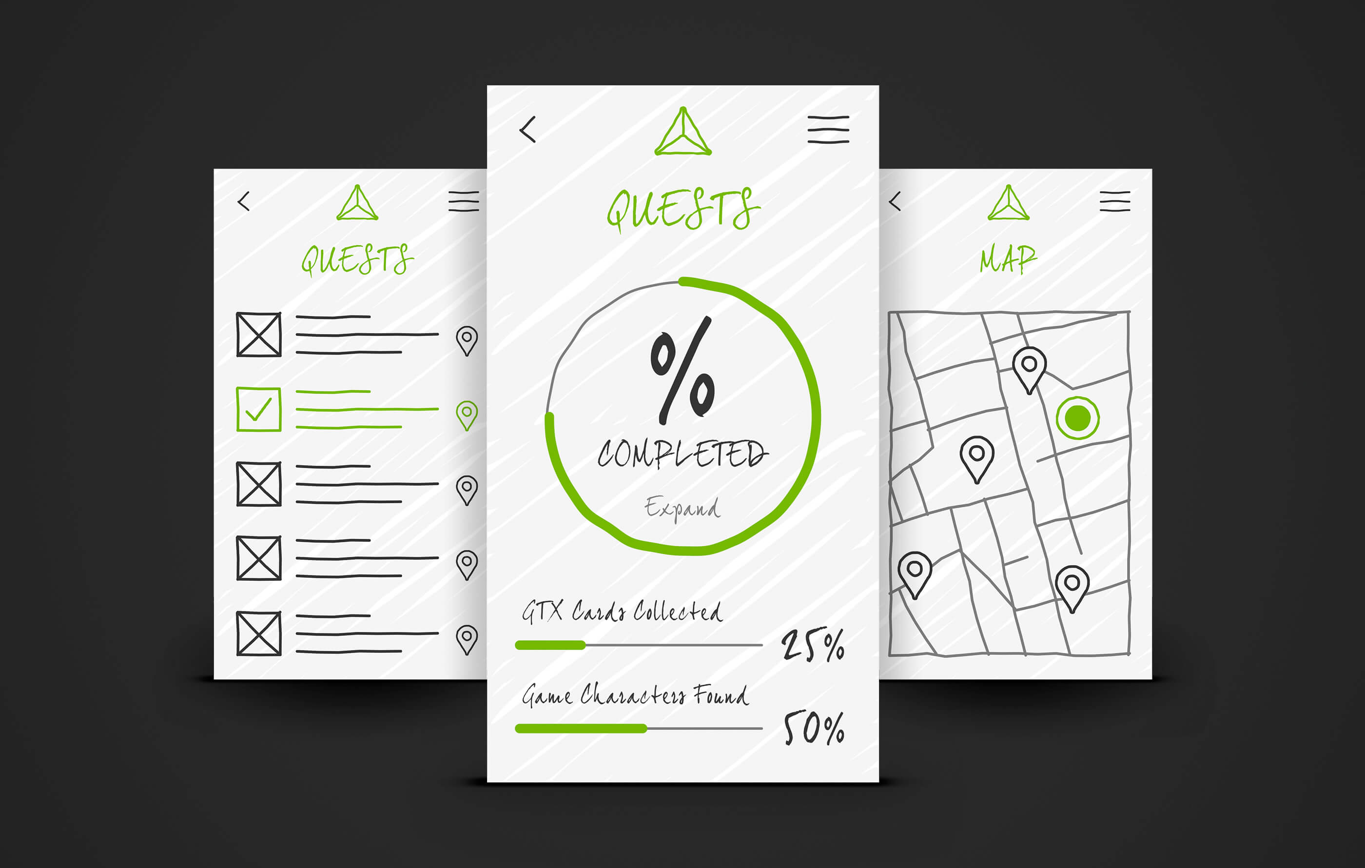 Interface wireframe sketches showing the list of GTX quests, completion screen with percentage summary and interactive map