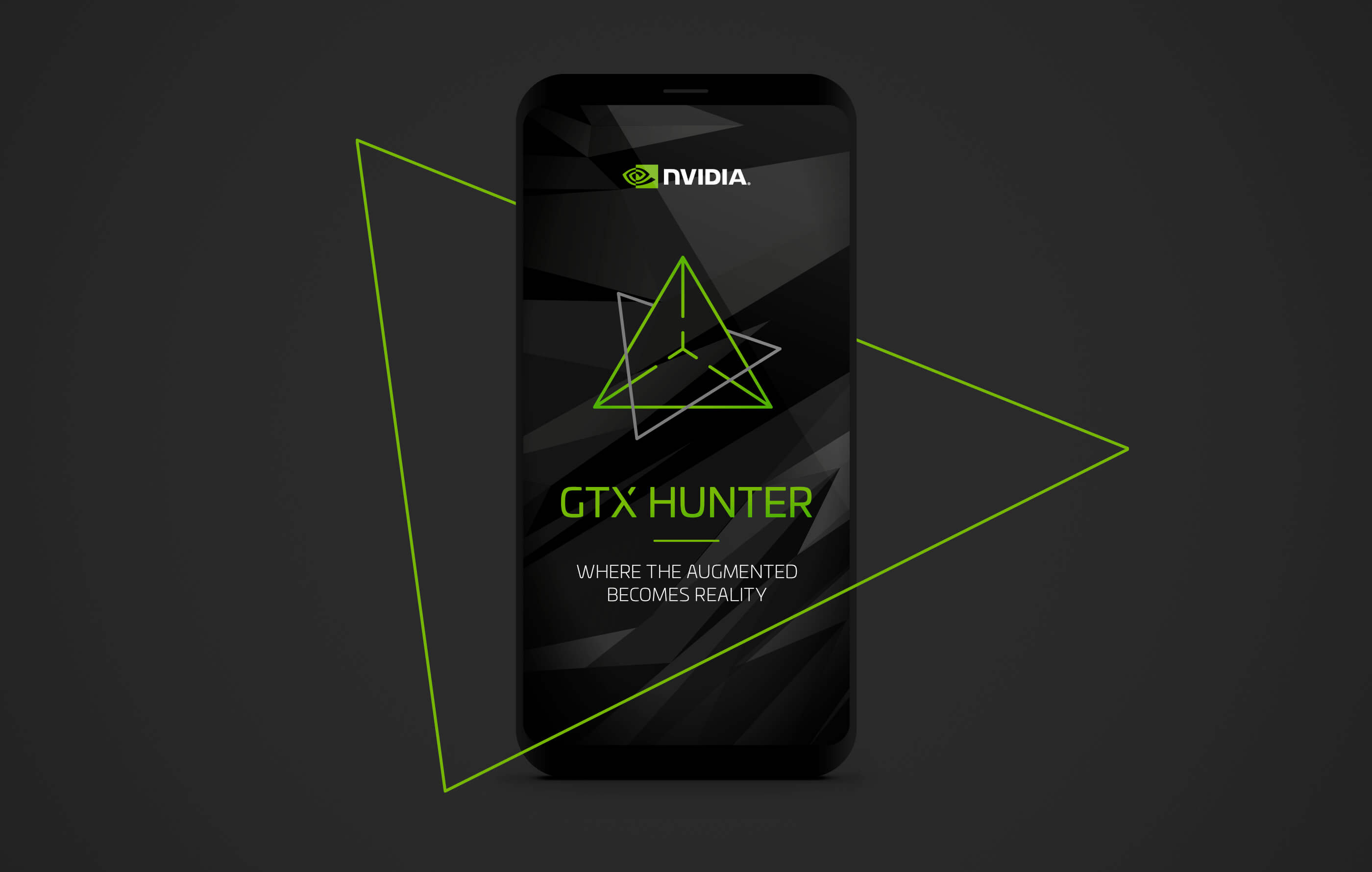 Final splash screen UI design of the Nvidia GTX Hunter app, featuring the green and grey logo centered on a black background