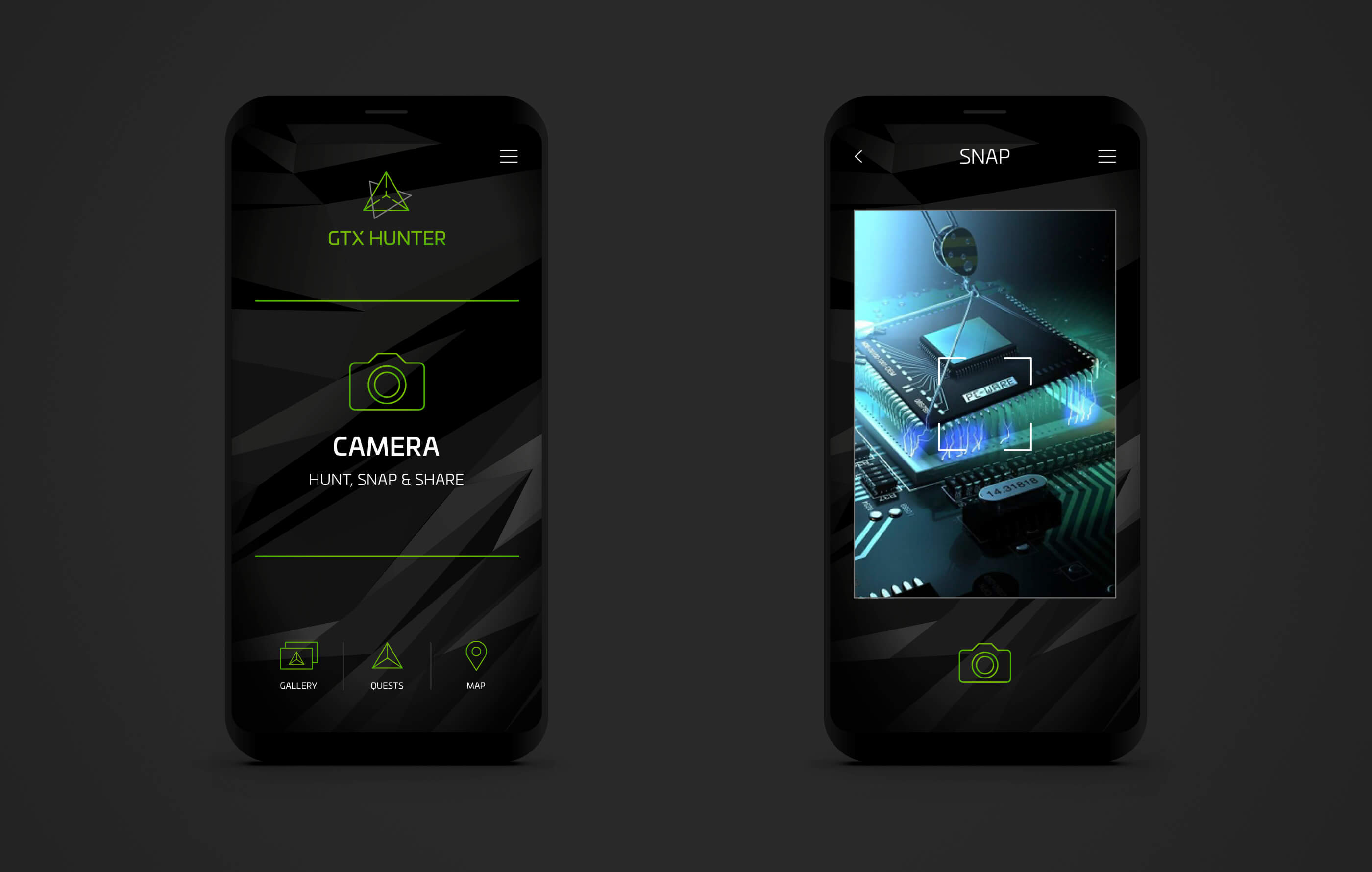 Final renders of two mobile screens, featuring the four main areas of the app – Camera, Gallery, Quests and Map