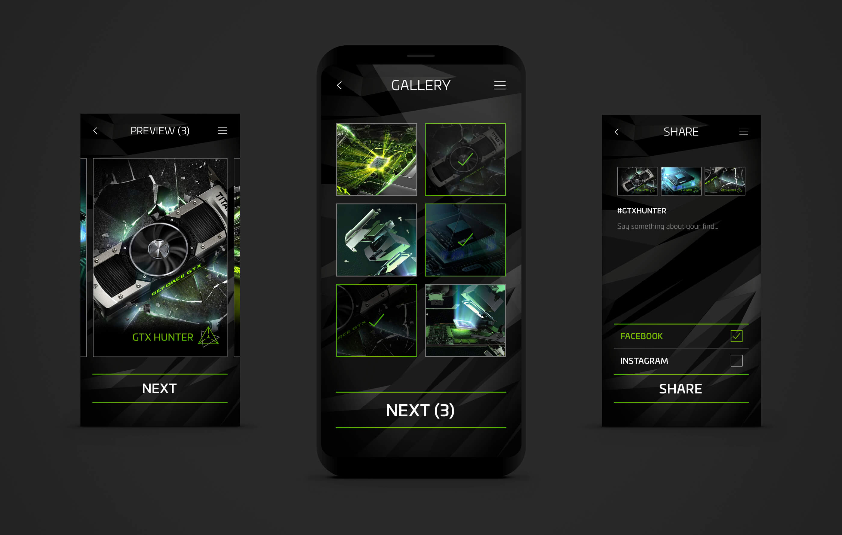 Final renders of three mobile screens within the app, showing how a user journey selects, comments on and shares an image on Facebook or Instagram