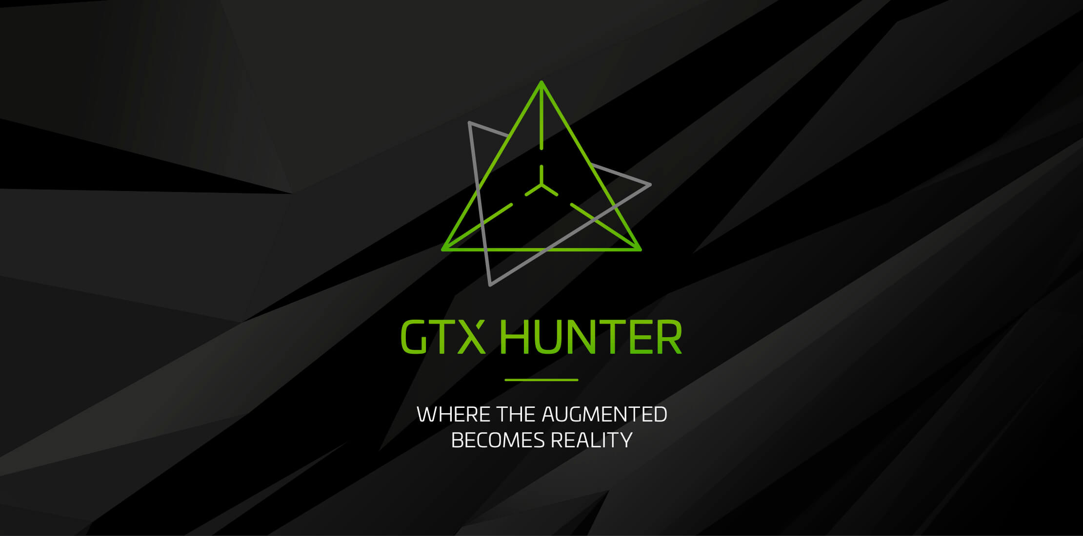 Nvidia GTX Hunter logo and tagline, with a green prism interlaced with a grey triangle on a black textured background