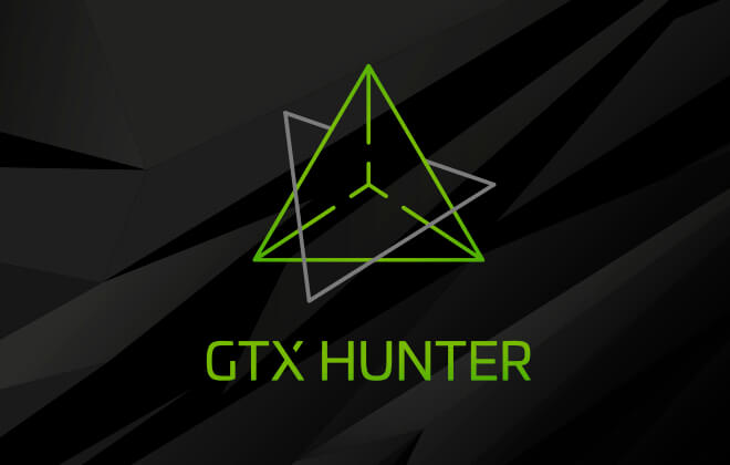 Nvidia GTX Hunter logo and tagline, with a green prism interlaced with a grey triangle on a black textured background