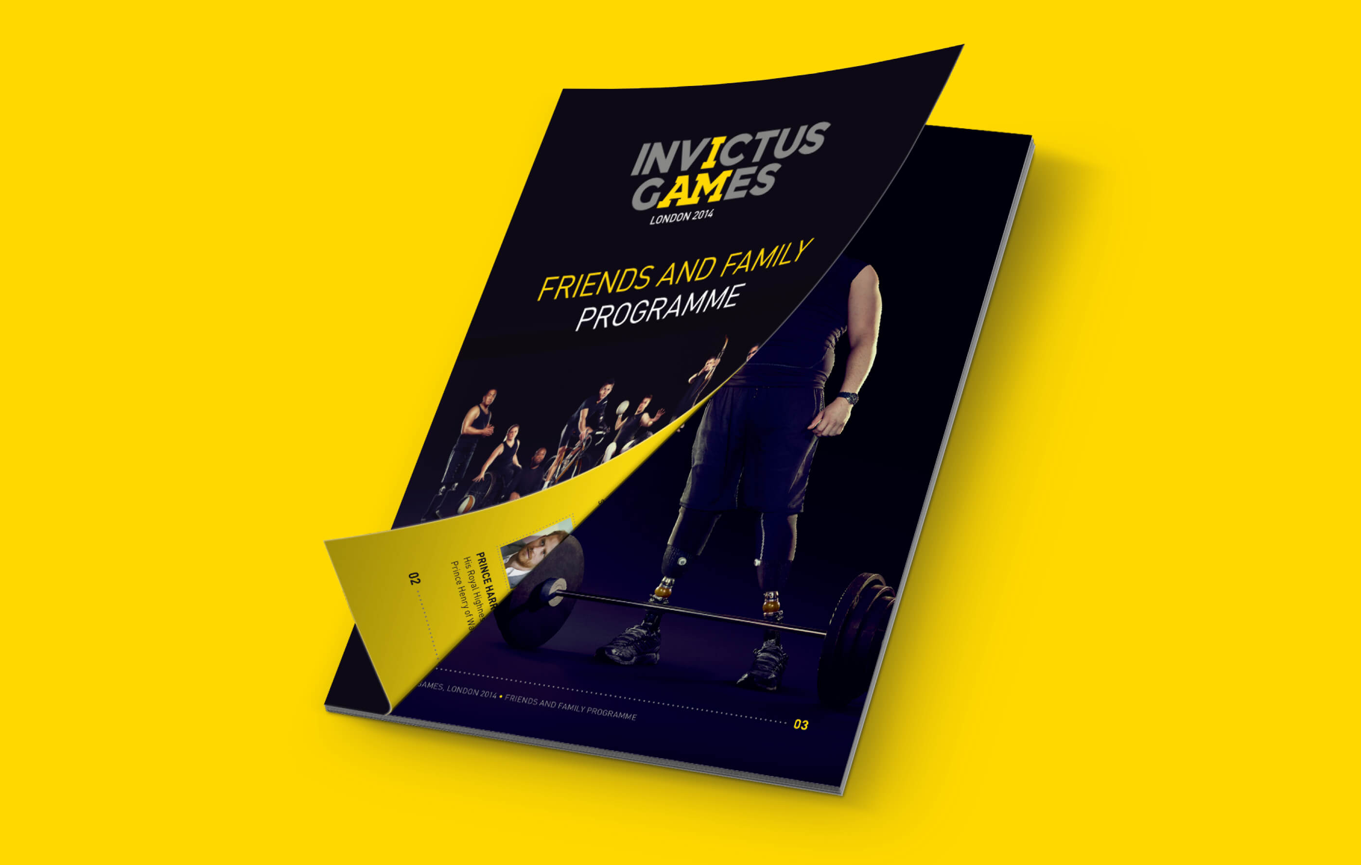 Partially opened front cover of the Invictus Games friends and family booklet on a yellow background