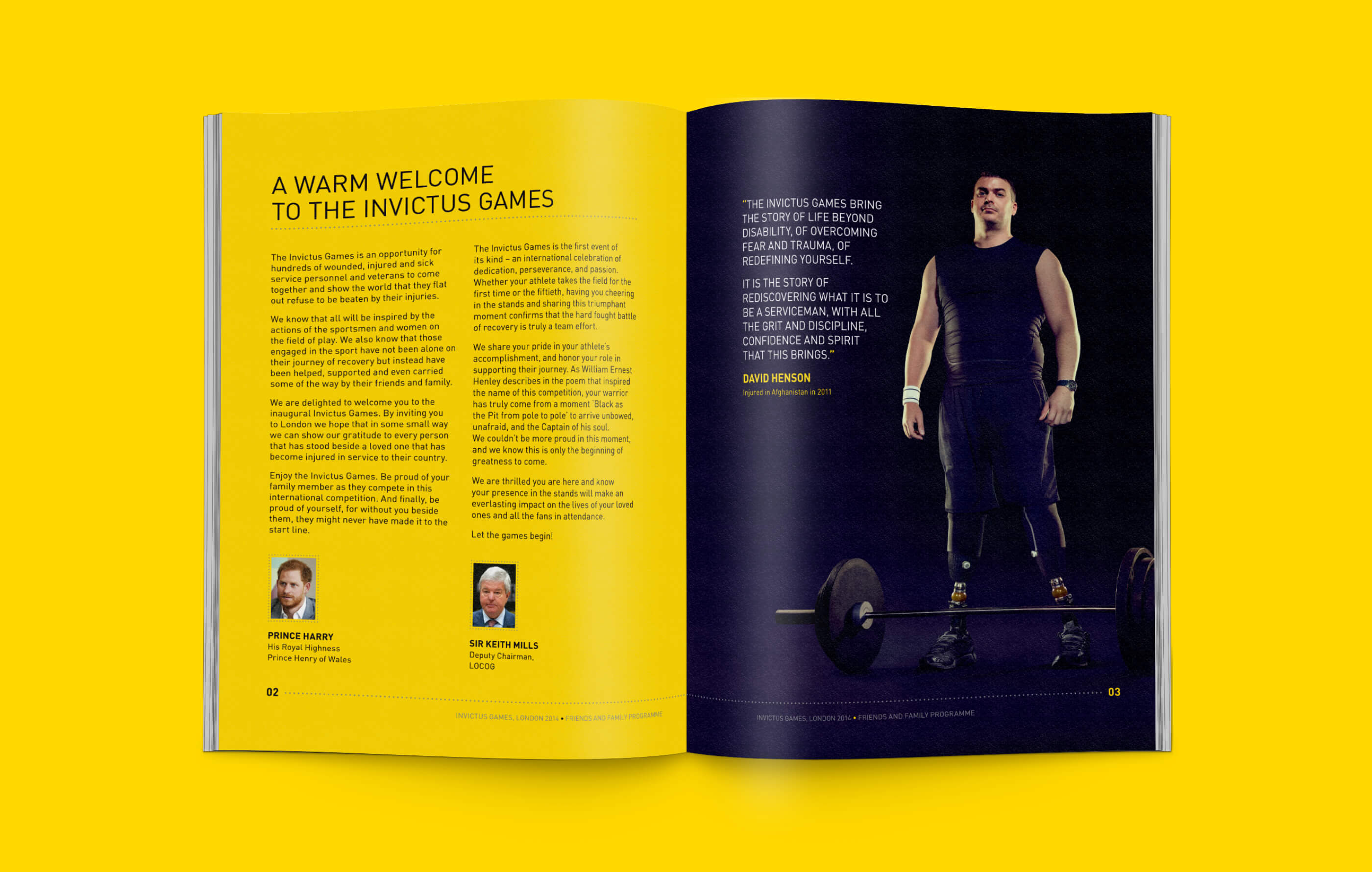 Opening spread of the printed booklet, featuring a welcome note on the left page from Prince Harry and image of David Henson, a paralympic weightlifter, on the right