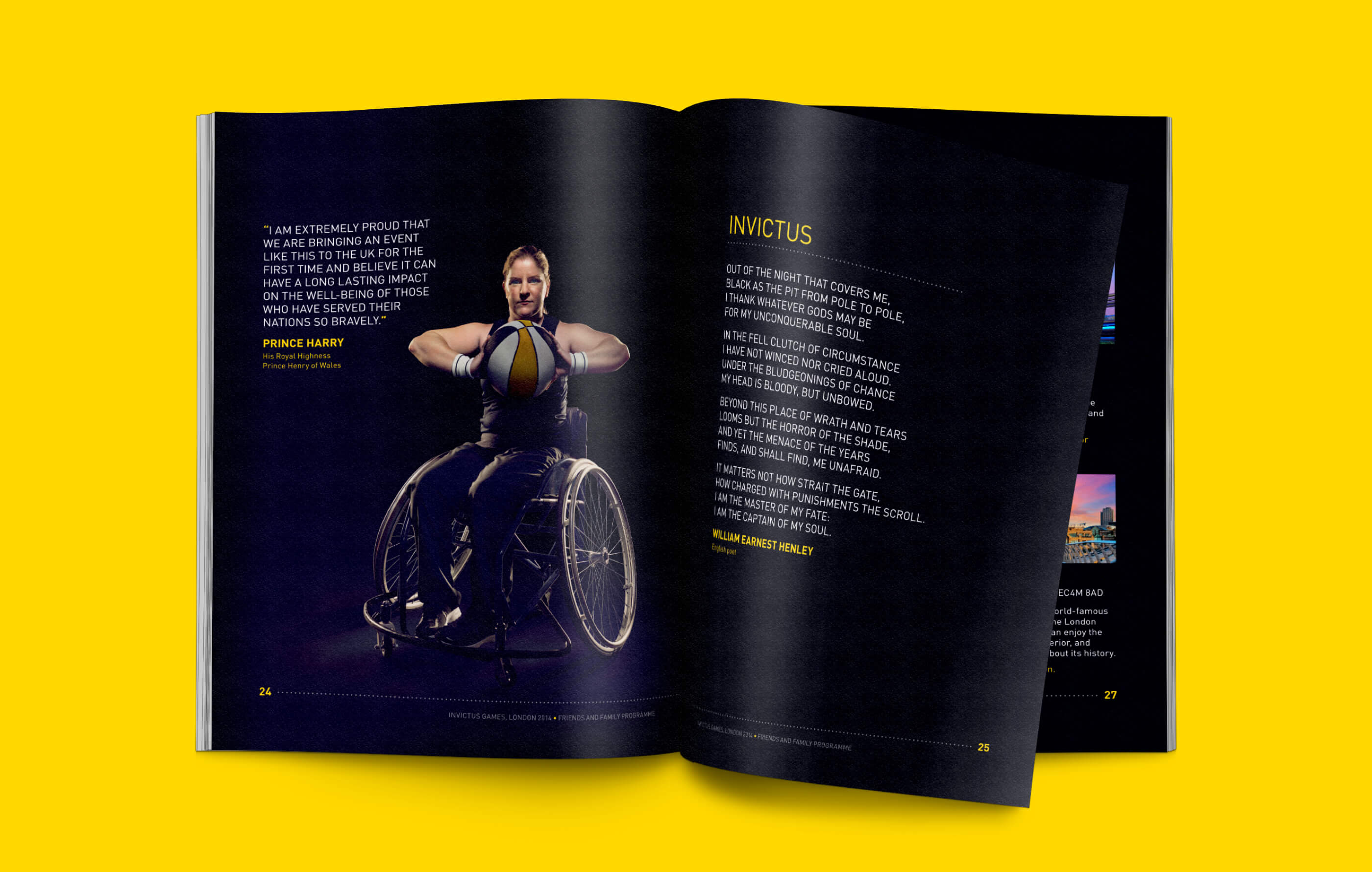 Spread of the printed booklet, featuring an image of a female wheelchair rugby player on the left page and inspirational quote from William Ernest Henley, an English poet, on the right