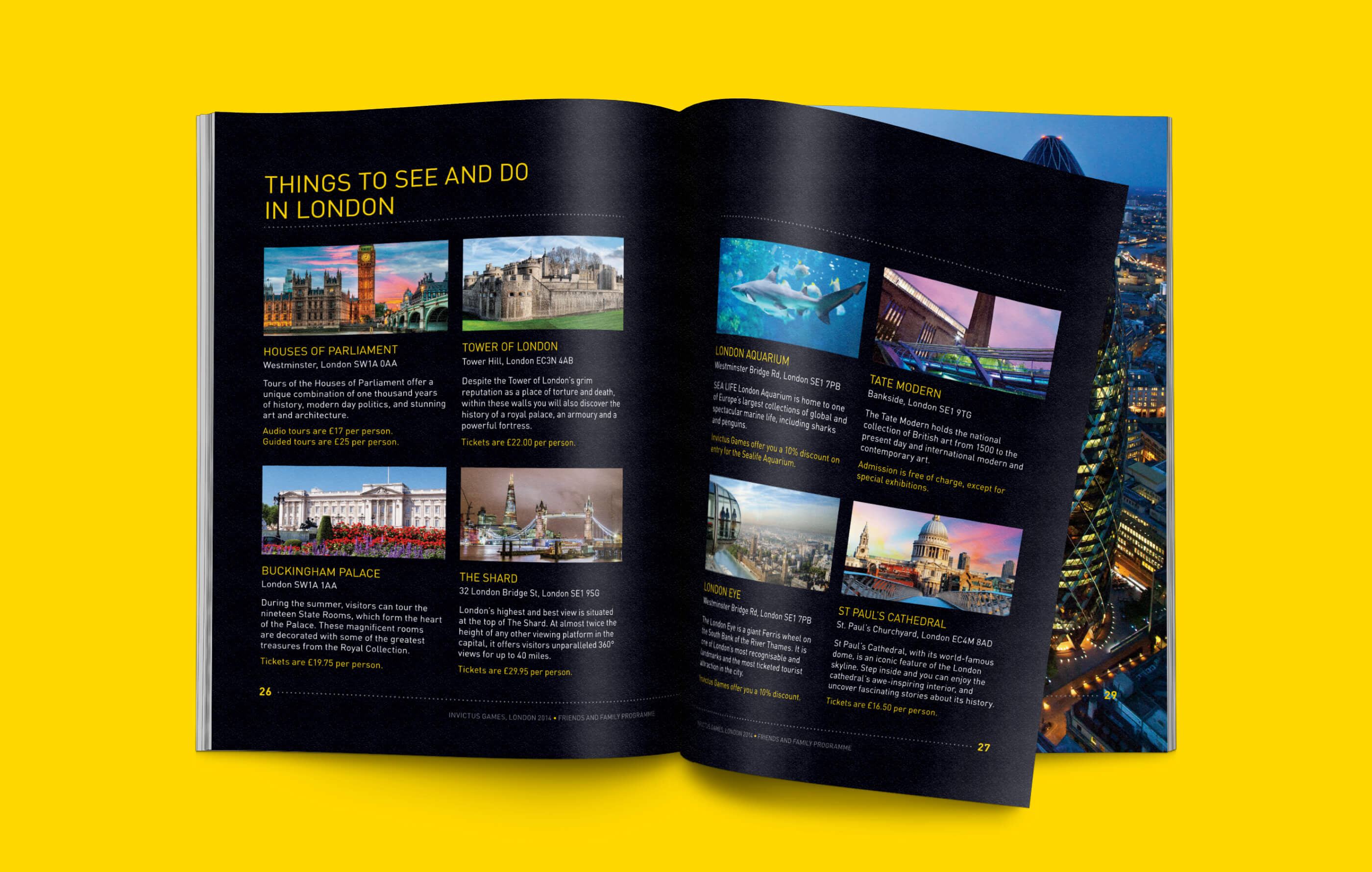 Closing spread of the printed booklet, featuring a list of things to see and do in London