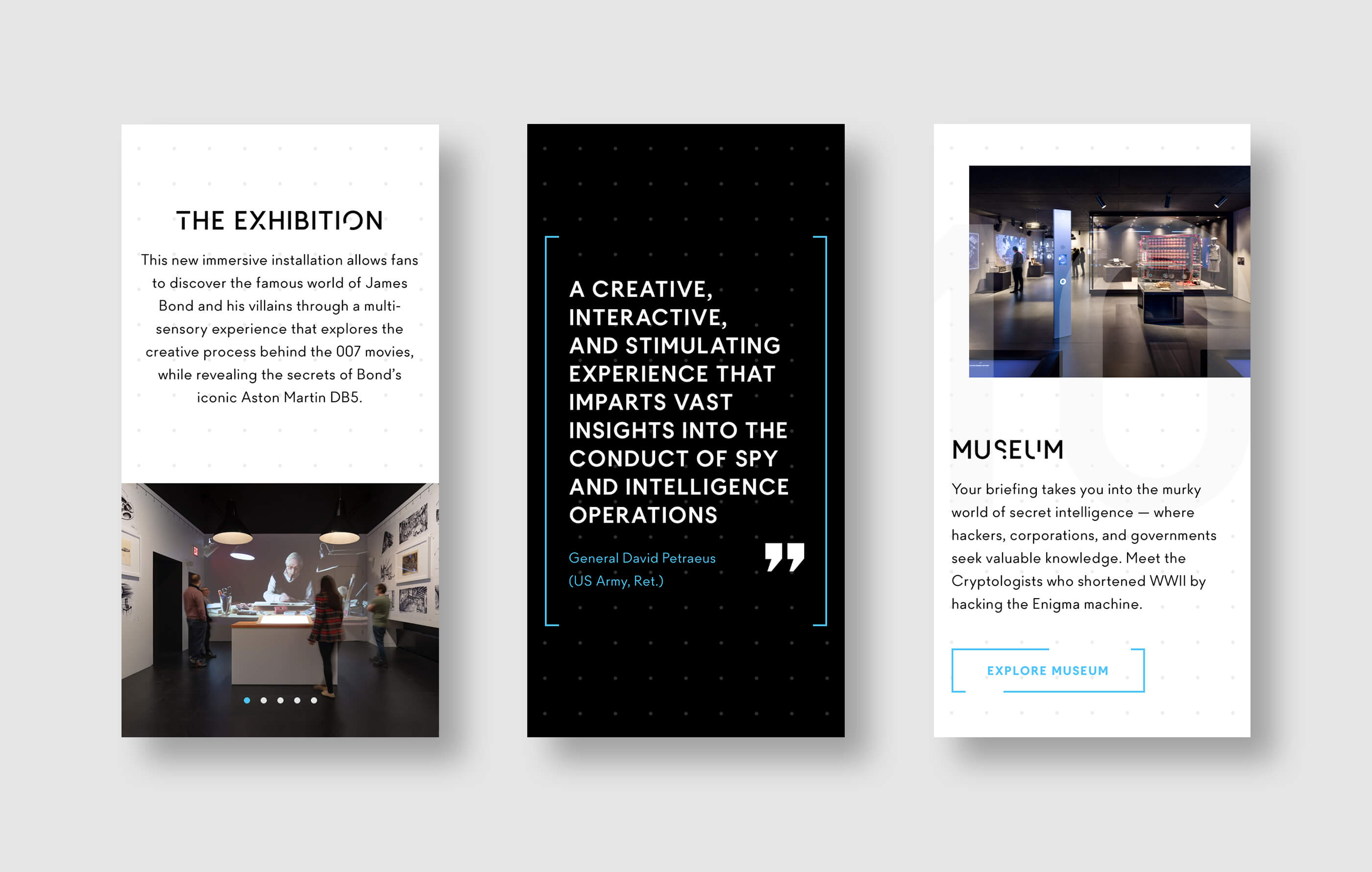 Three mobile phone mockups, featuring an introduction to the 007 James Bond exhibition, client quote and overview of the Spyscape museum