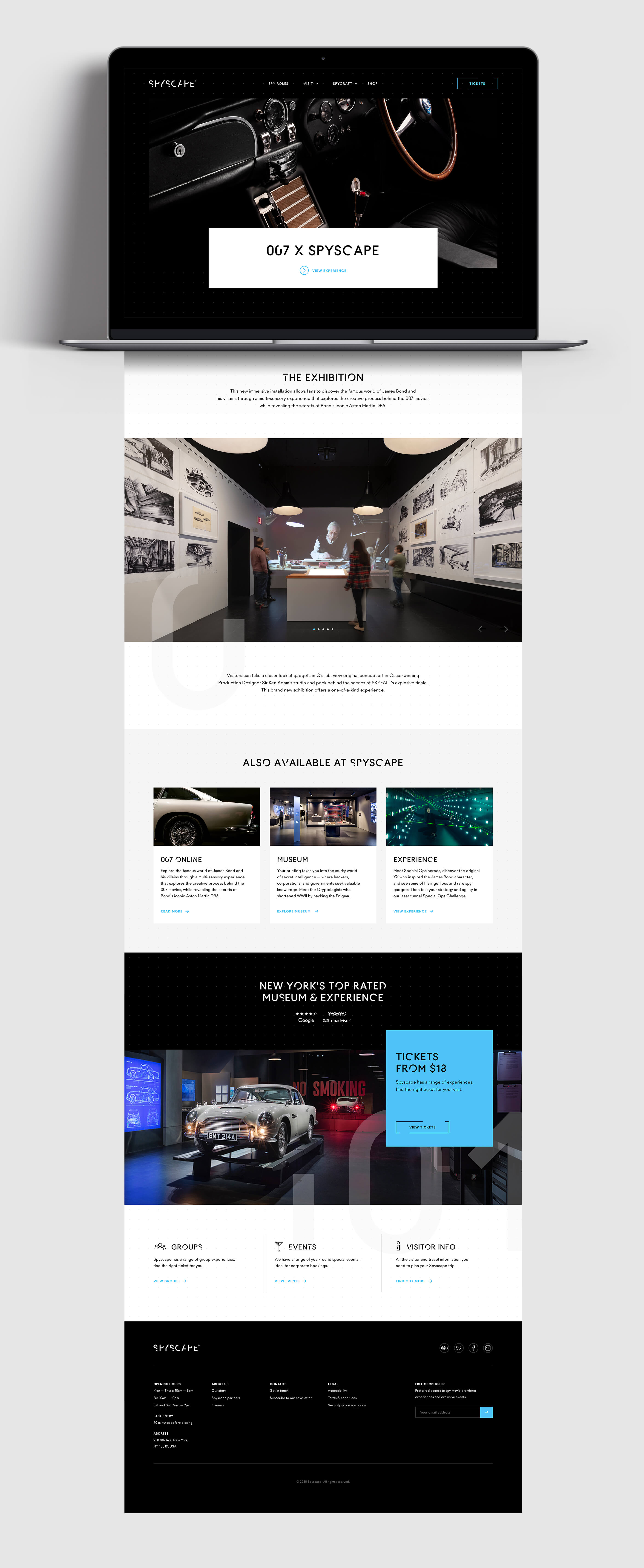 Final render of the 007 James Bond Spyscape page, showcasing a full width image carousel, overview of the 007 experience and featured alternative exhibitions