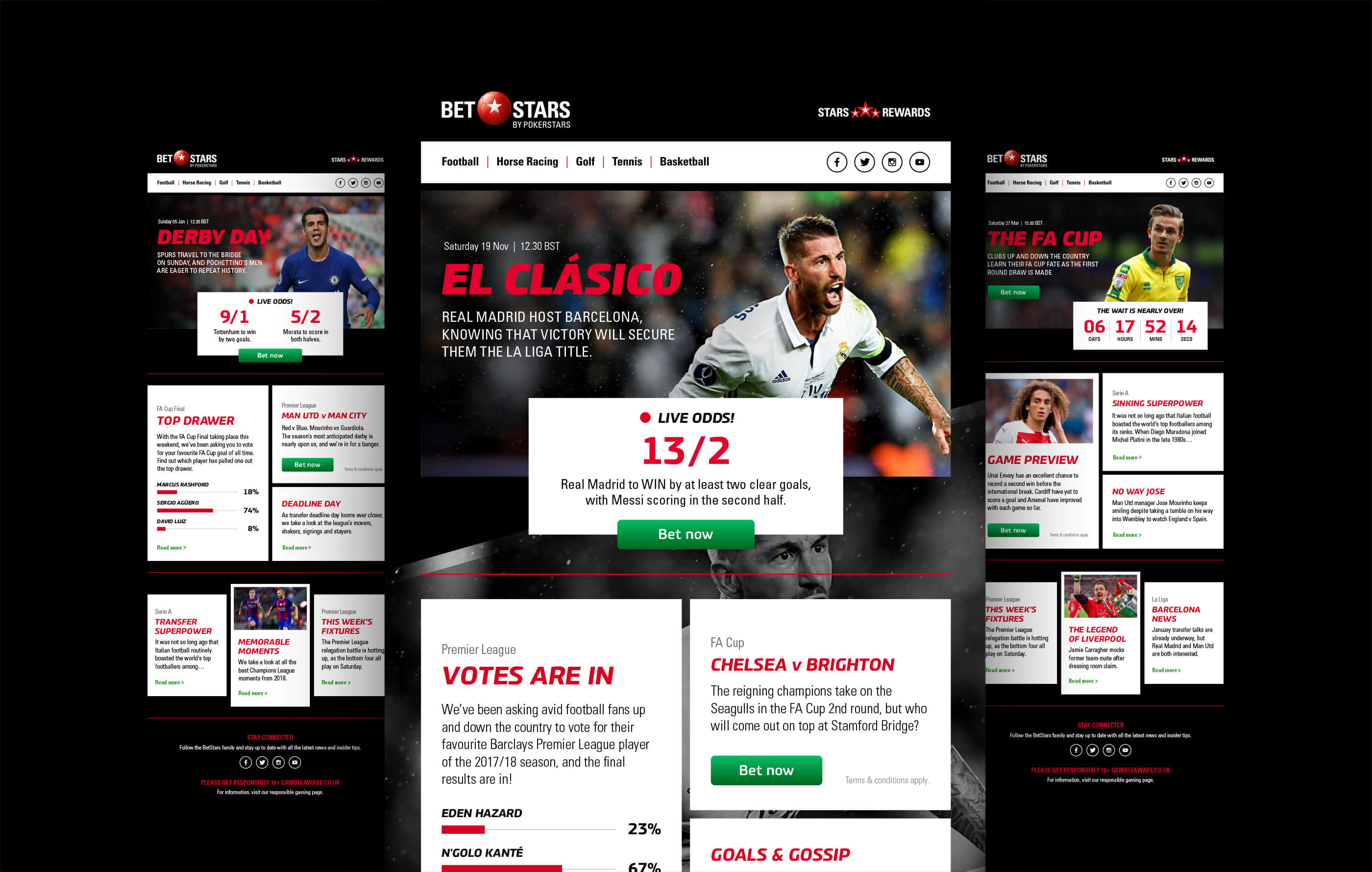 Suite of 3 PokerStars mailer designs, featuring La Liga, Premier League and FA Cup action, goals, gossip and fixtures