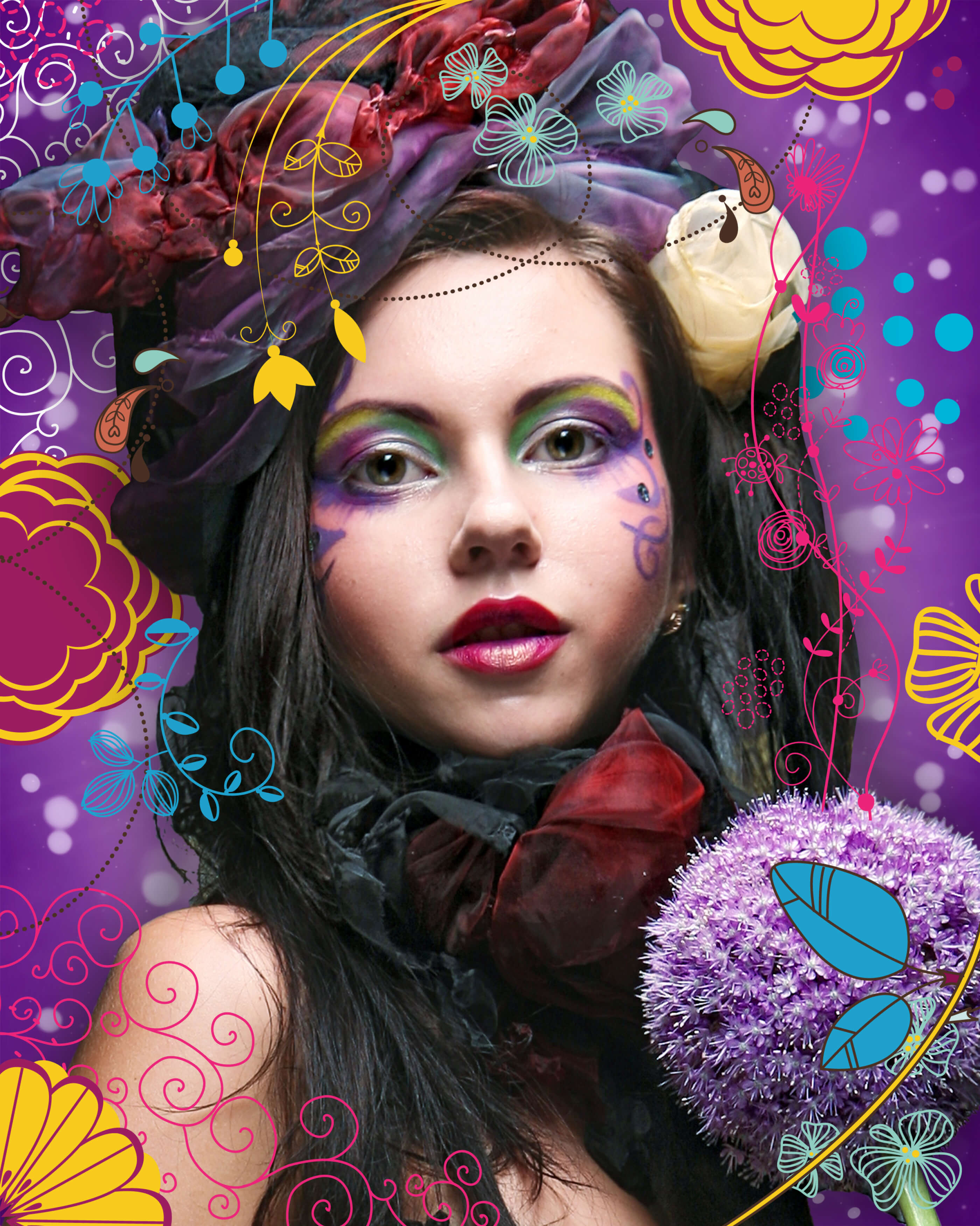 Female model facing the camera wearing heavy, colourful make up with a white rose in her hair. Bright illustrations of flowers and foliage form a frame around her, on a purple background