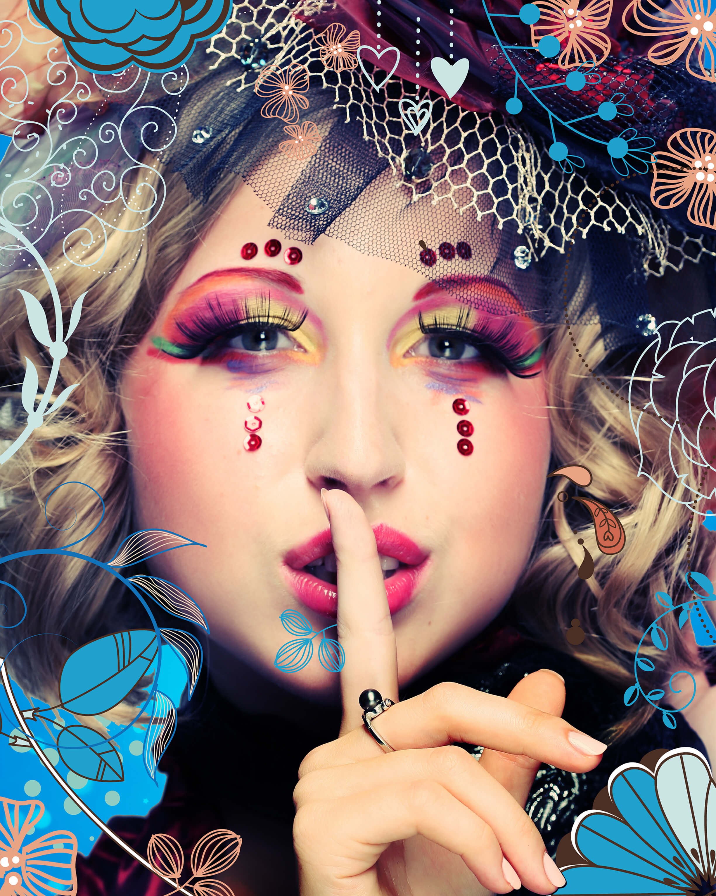 Female model facing the camera wearing heavy, colourful make up and finger to her lips indicating to be quiet. Bright illustrations of flowers and foliage form a frame around her, on a blue background