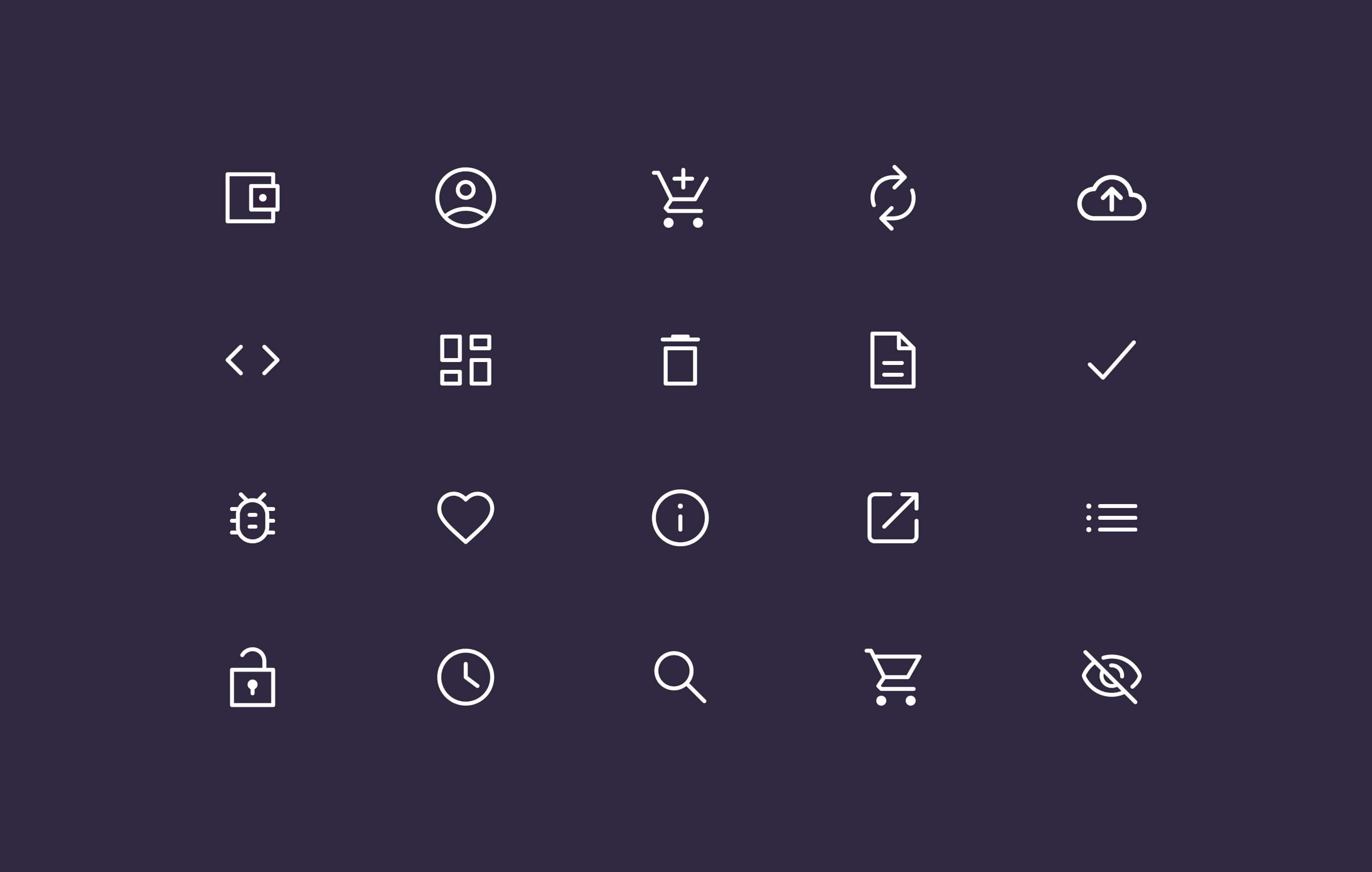 Suite of new Netwise Hosting iconography, in white, laid out in a 5 x 4 grid on a purple background