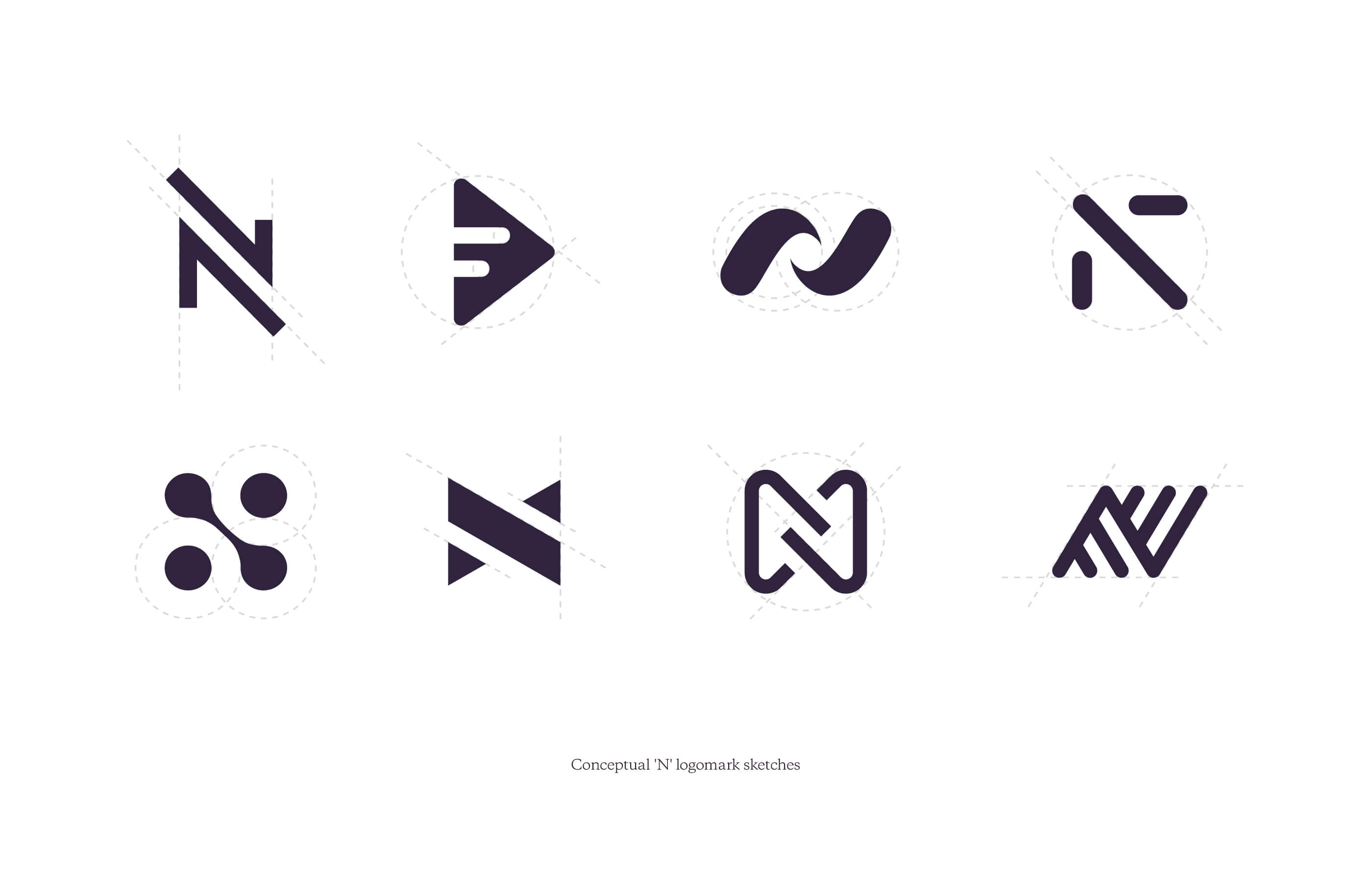 Conceptual 'N' logomark sketches, in purple on a white background
