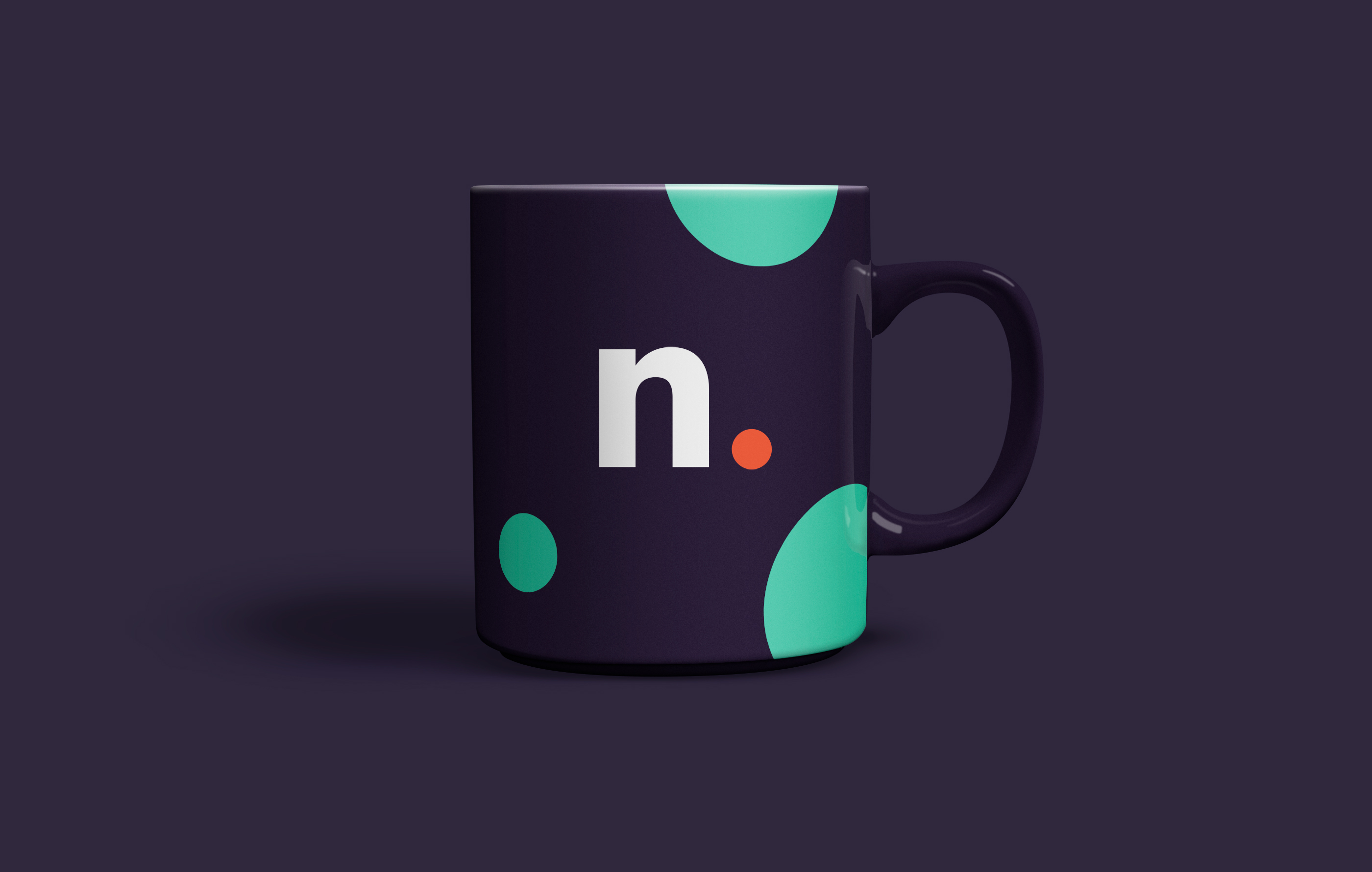 3D render of a purple coffee cup with the Netwise Hosting logomark in the centre, surrounded by teal circles
