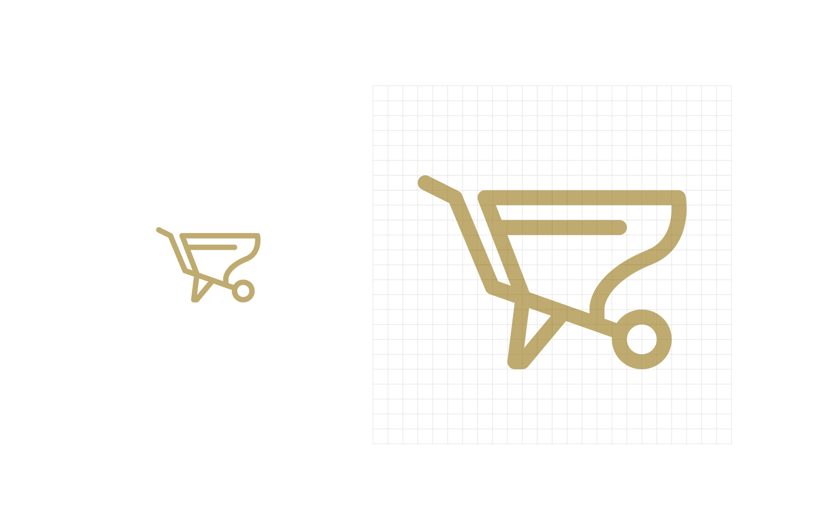 Iconography construction on a 24 x 24px grid, showing a gold line icon of a wheelbarrow on a white background