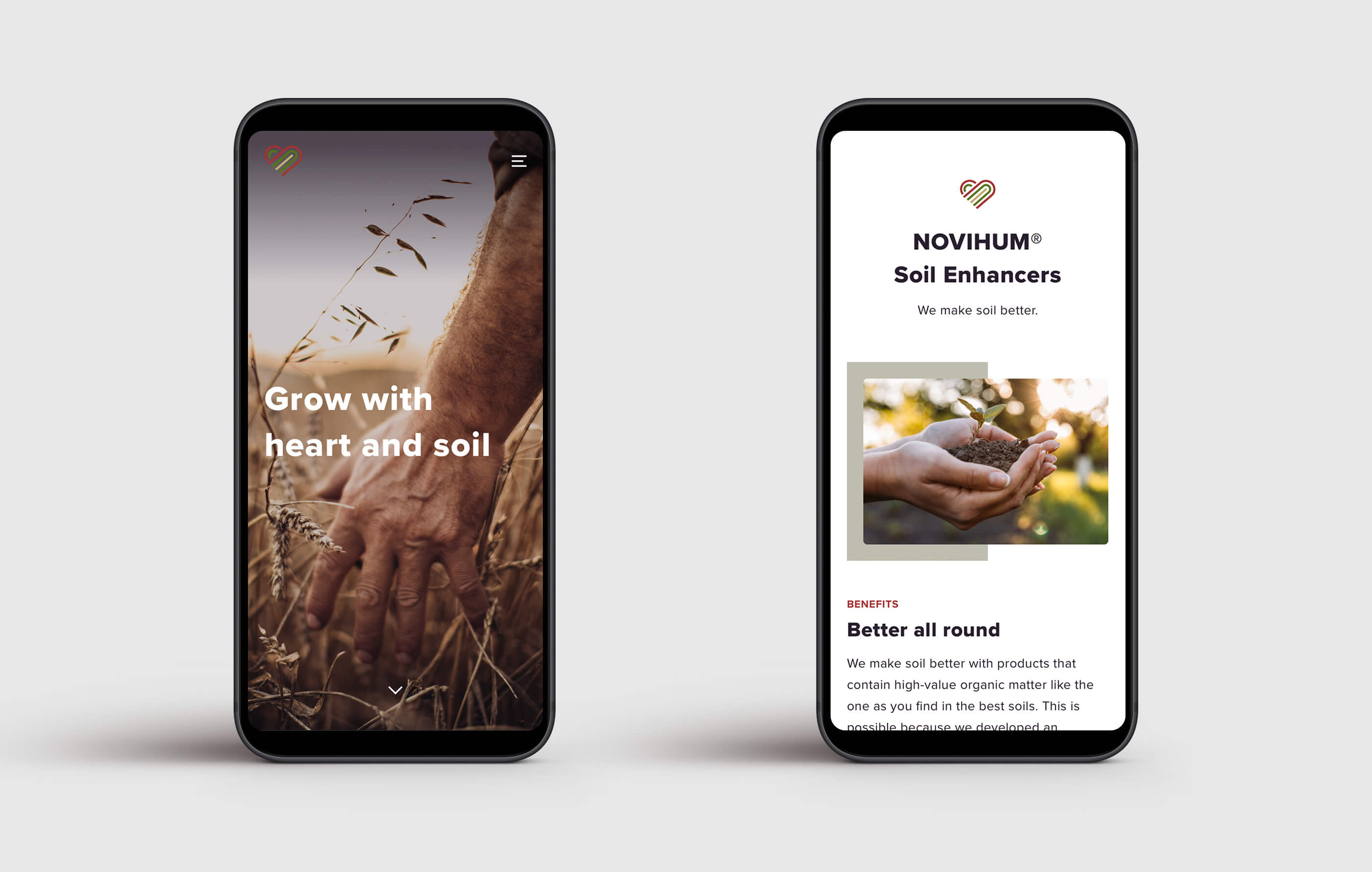 Two mobile phone mockups of the mobile homepage design, featuring the benefits of Novihum and 'Grow with Heart and Soil' hero