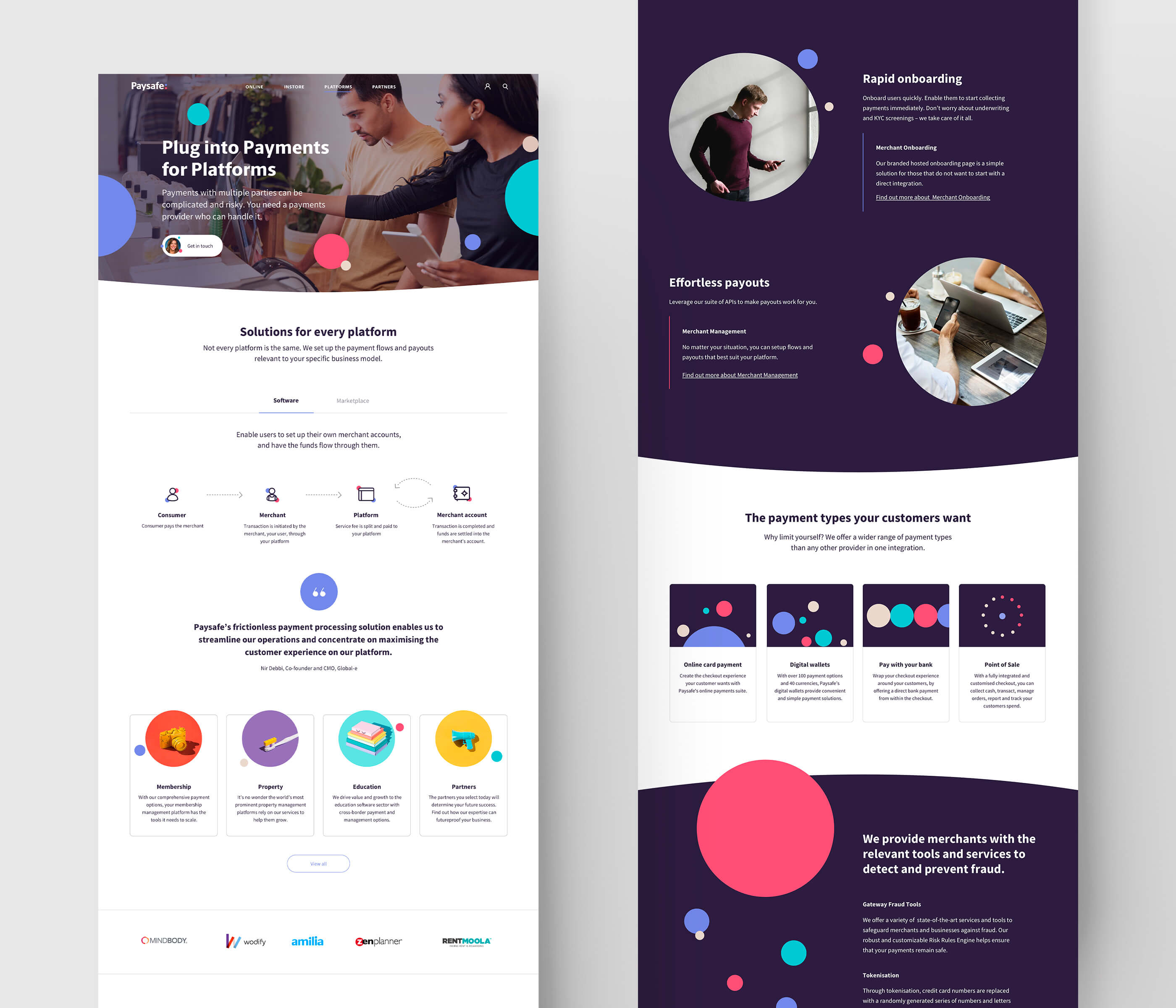 Full designs of the 'Platforms' solution landing page, including consumer, merchant, platform and account icons, client quote and expertise cards on white and dark purple backgrounds