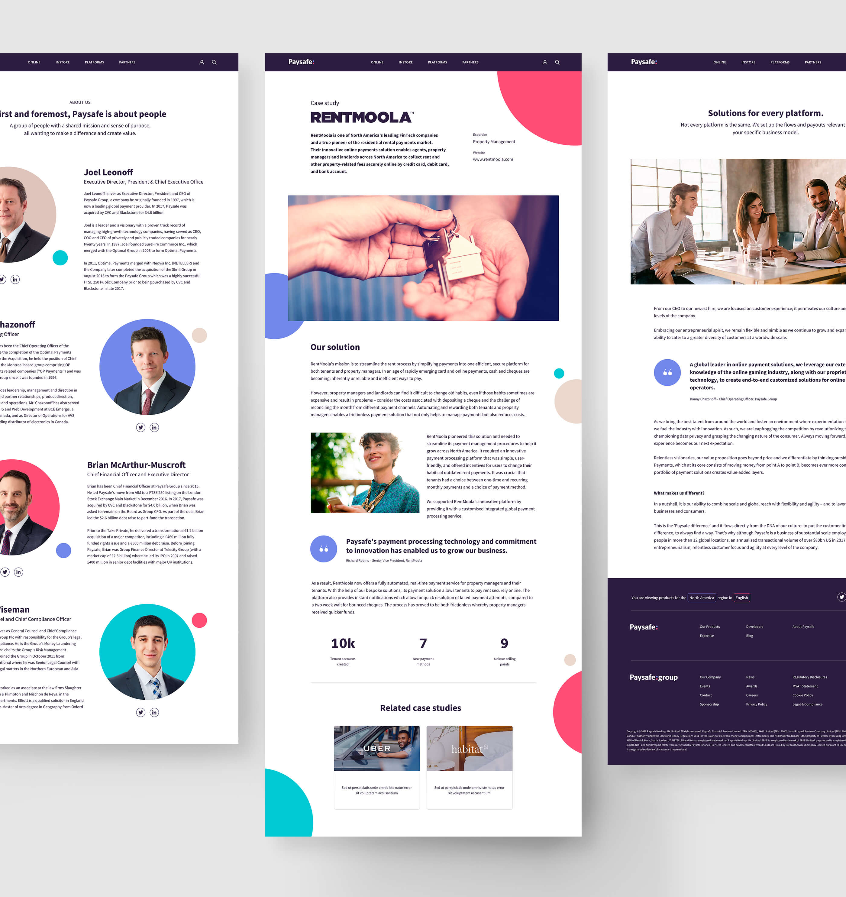Three webpage designs from the 'About Us' section of the site, featuring key employee bio's, a Rentmoola client case study page and a press release page
