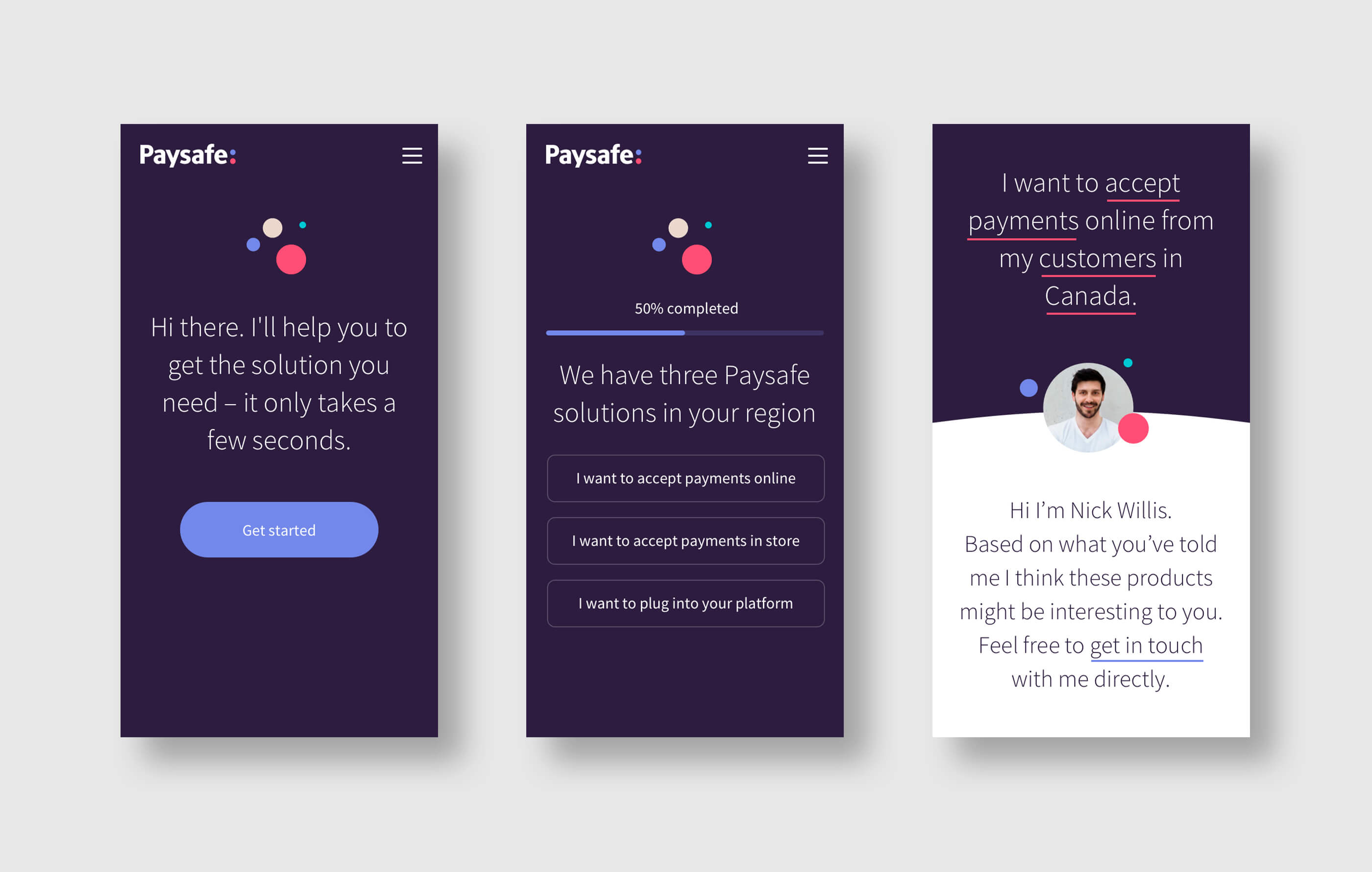 Three mobile phone mockups of the lead generation page, featuring a 'Get Started' splash screen, region-specific solutions screen and user input summary screen