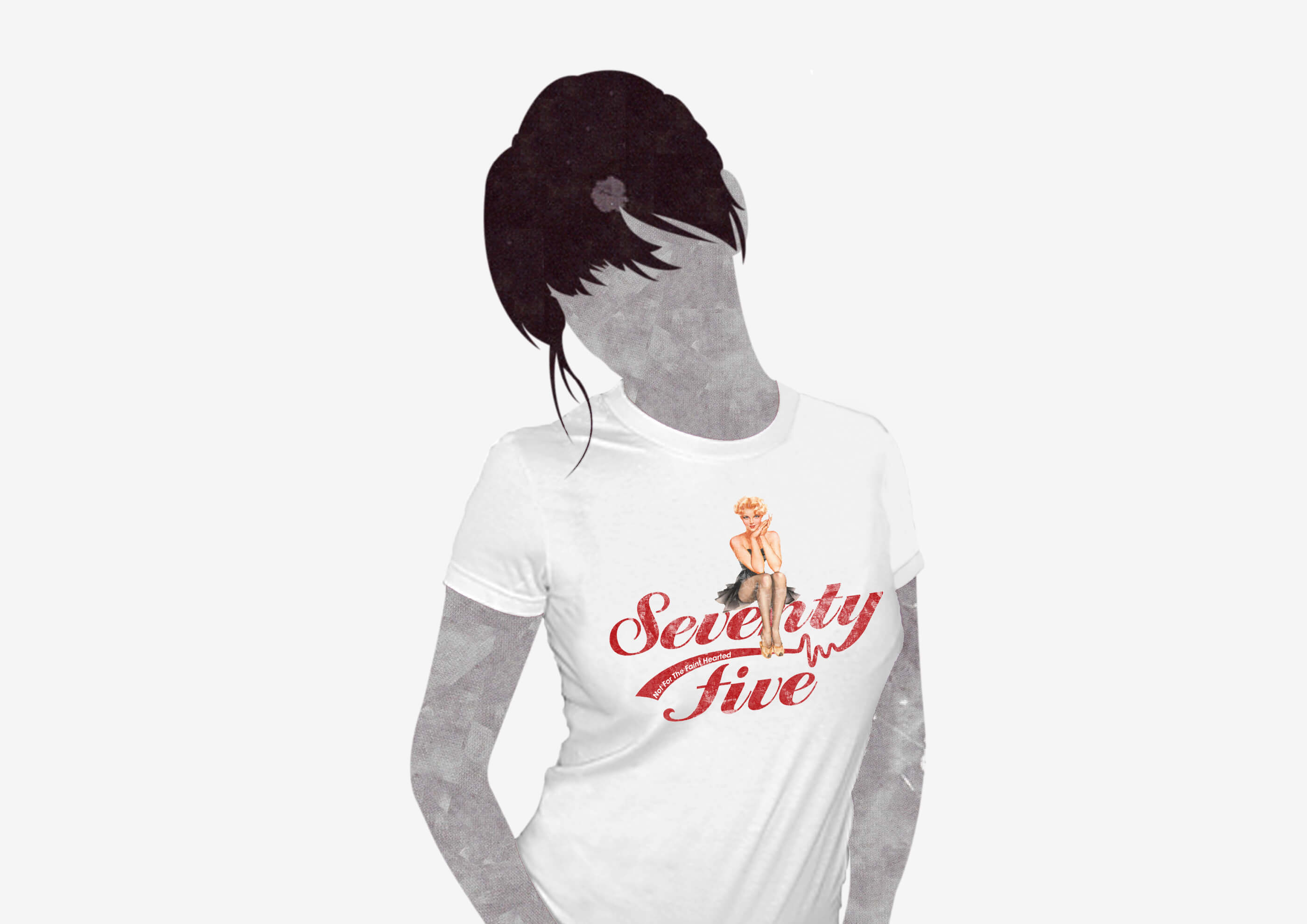Illustration of a female model with concrete skin and black hair, wearing a white tee of the main Seventy Five logo in dark red
