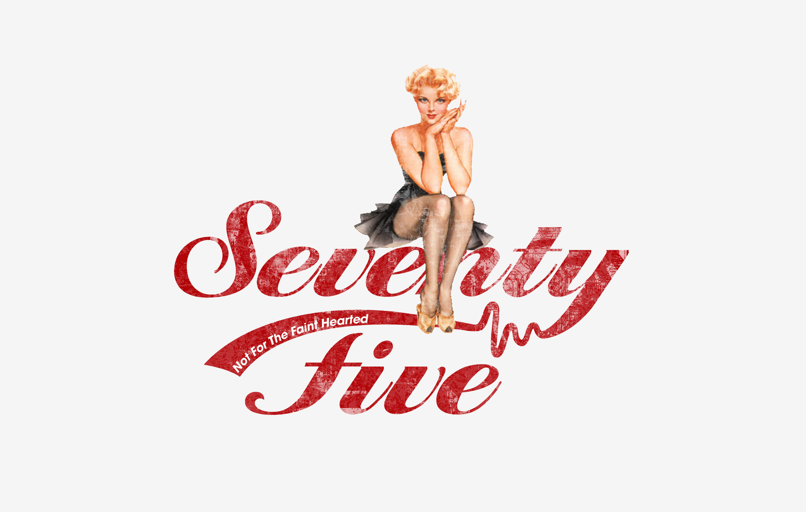 Dark red 'Seventy Five' logo on a light grey background, with a 1940's pin up girl sat on top of it
