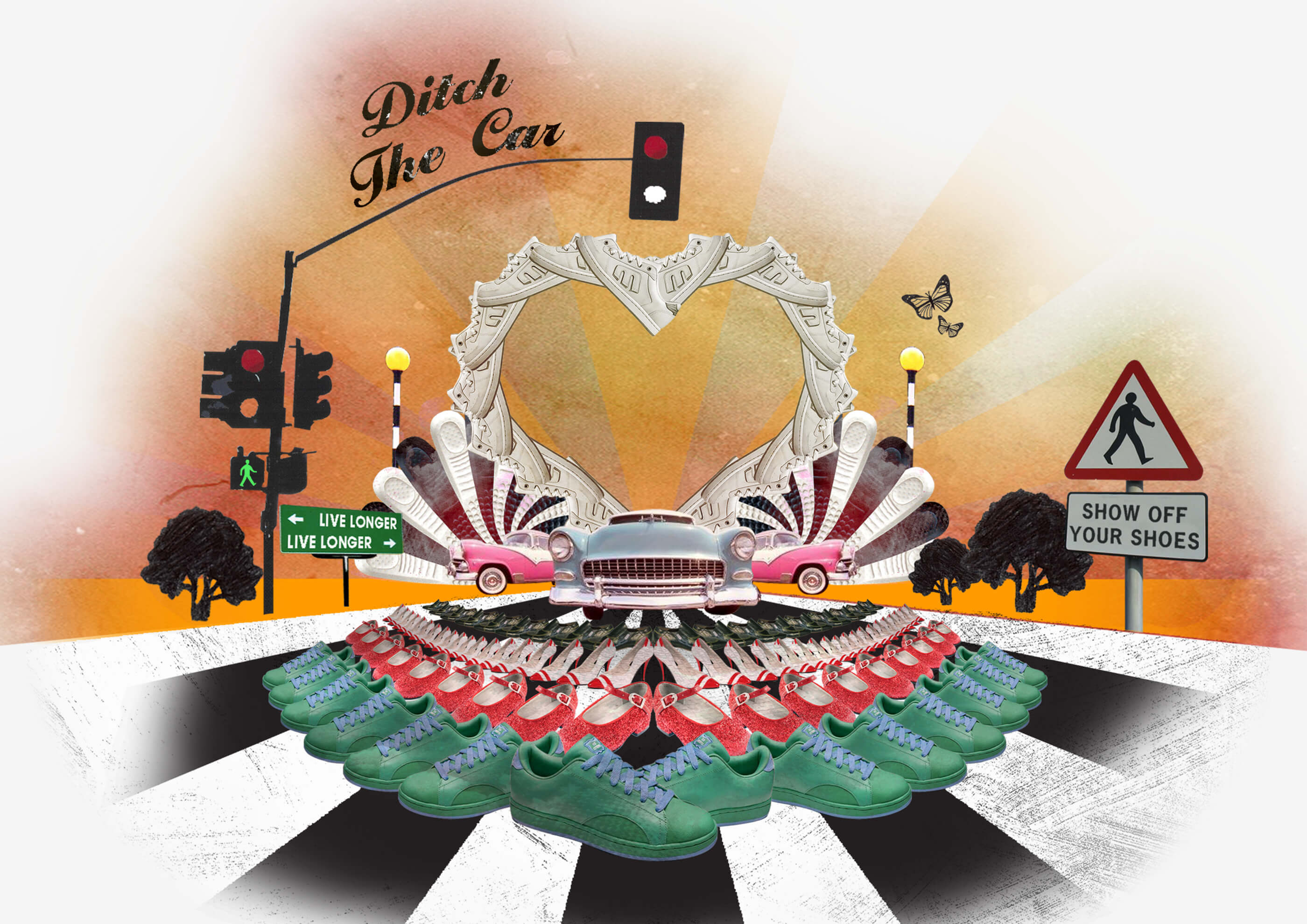 'Ditch the Car, Show Off Your Shoes' t shirt illustration, featuring a heart made of trainers, road signs and classic American cars