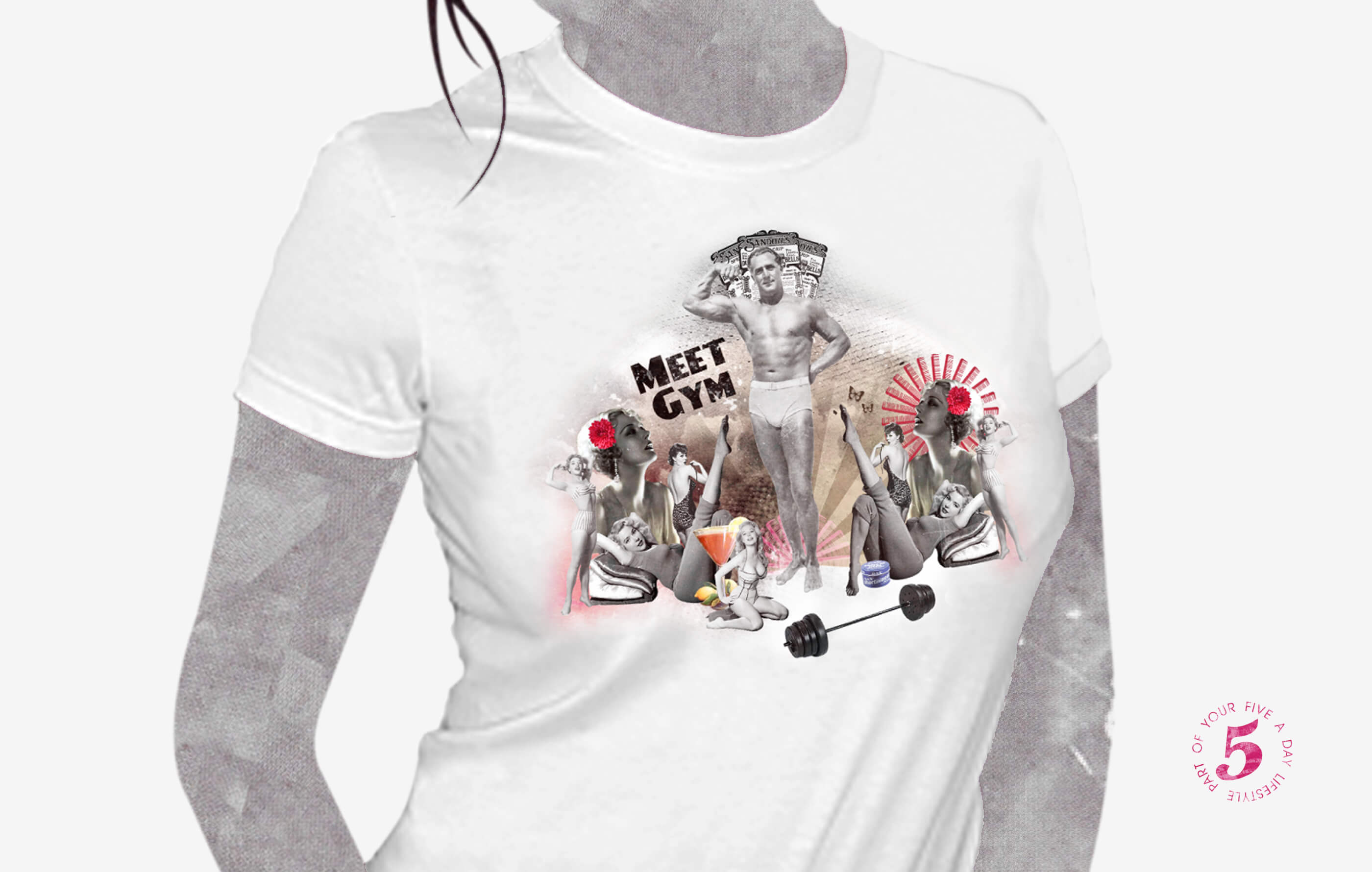 Illustration of a female model with concrete skin and black hair, wearing a 'Meet Gym' t shirt design on a light grey background
